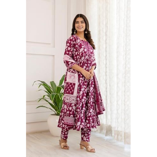Shienzy Cotton Blend Square Neck Kurta Set With Dupatta For Women | Women Kurta Sets With Dupatta (1609-1610) (In, Alpha, M, Regular, Purple)