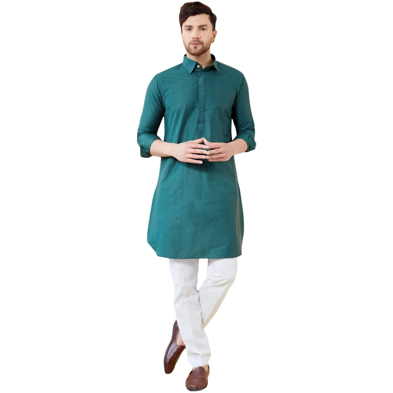 See Designs Men Green Cotton Solid Spread Collar Curved Hem Side Slit Full Sleeve Pathani Kurta With Pyjama - Bnrskt61401Xl