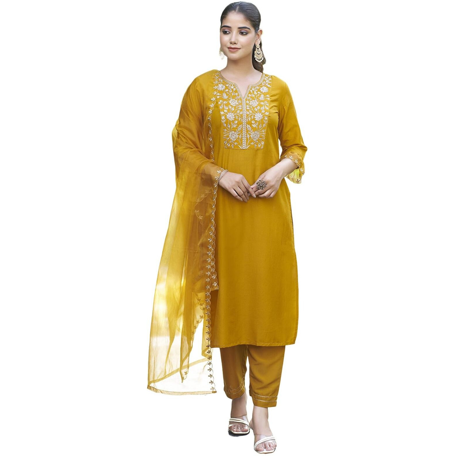 Sanisa Women's Chinnon Silk & Organza Sequence And Embroidery Work Straight Kurta With Pant And Dupatta Set (38Kbd480Nb-M_Yellow)