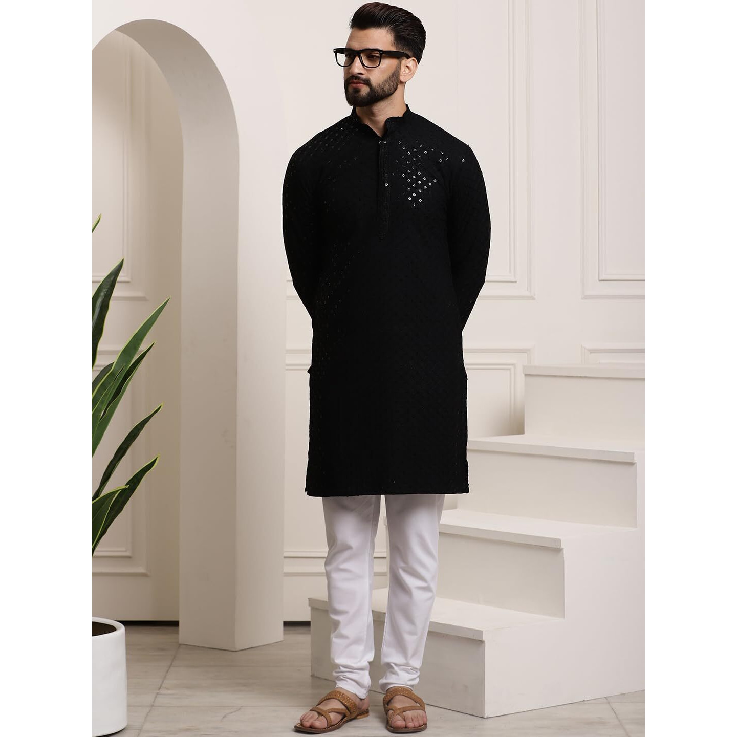 Sojanya (Since 1958 Men's Purecotton Black Sequence Kurta & White Pyjama Set