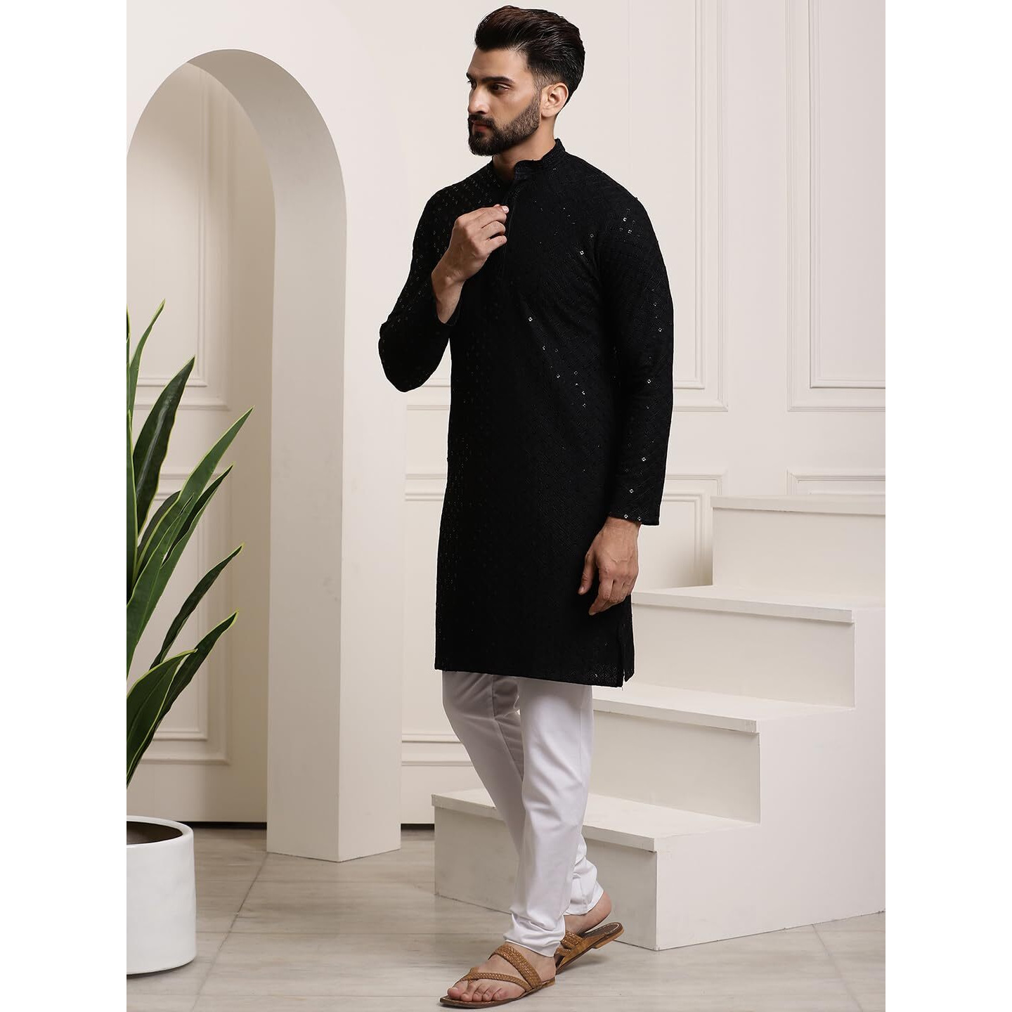Sojanya (Since 1958 Men's Purecotton Black Sequence Kurta & White Pyjama Set