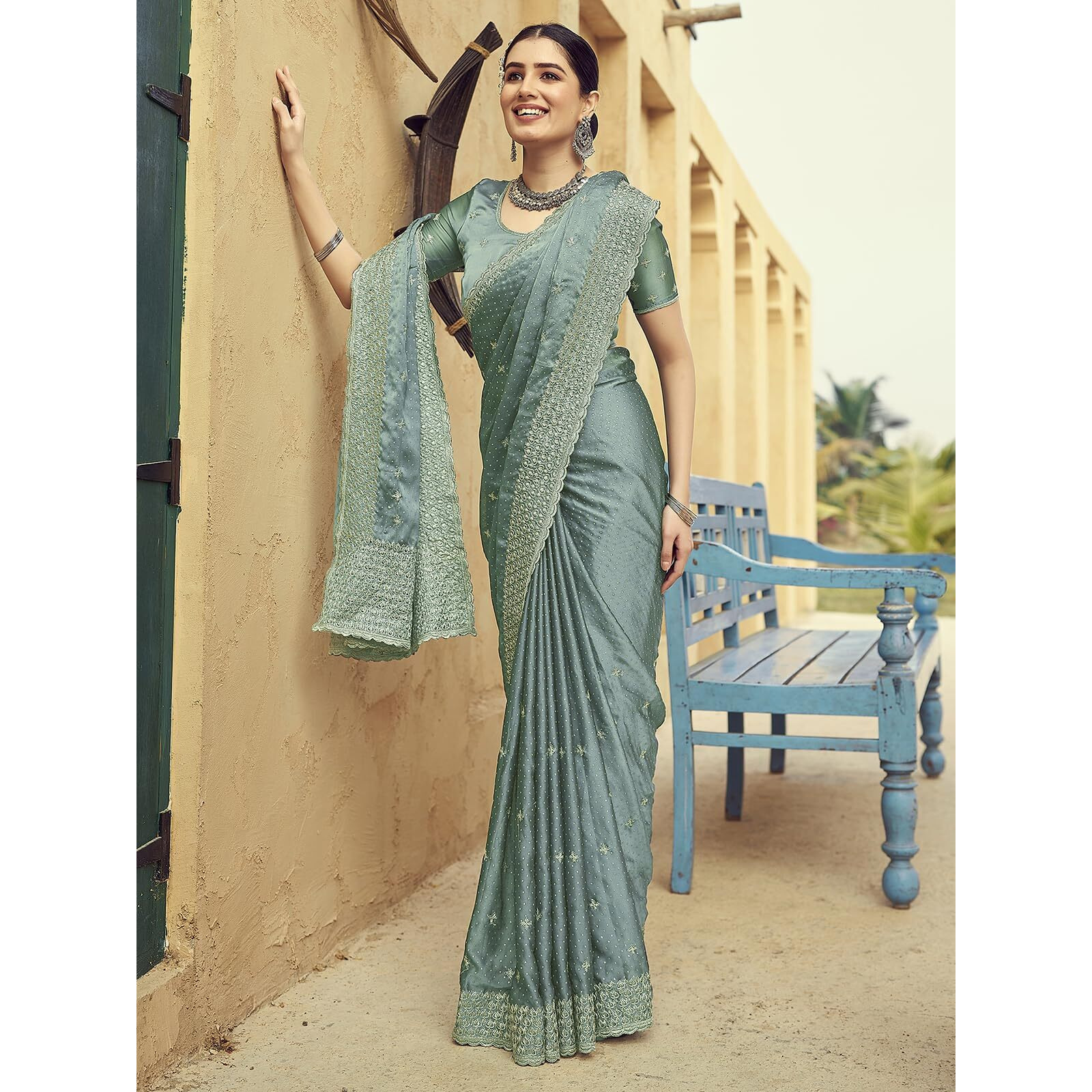 Satrani Women's Georgette Zari Work Embroidery Saree With Unstitched Blouse Piece (3606S327N_Dull Green)