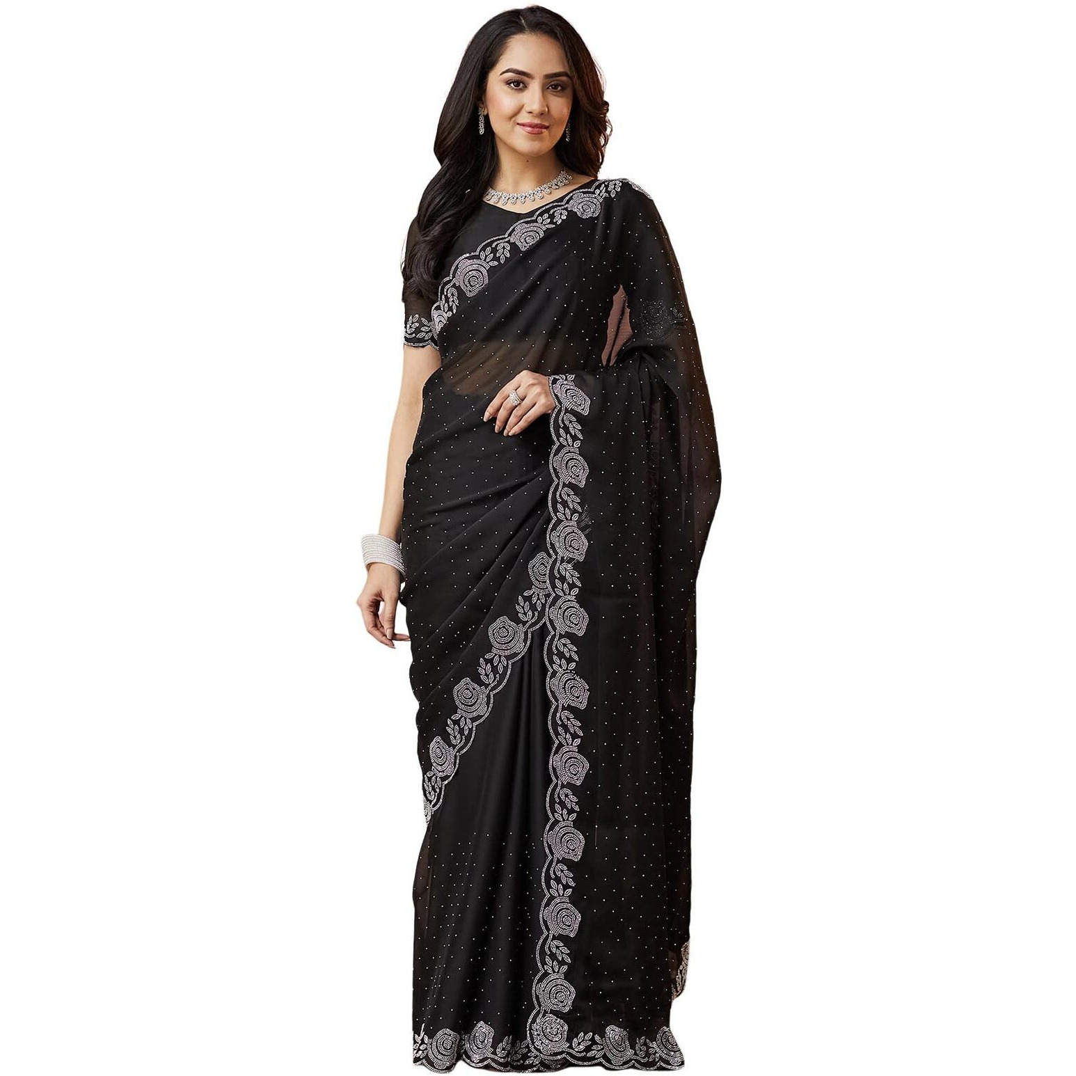 Satrani Women's Georgette Stone Work Saree With Unstitched Blouse Piece (4063S6381N_Black)