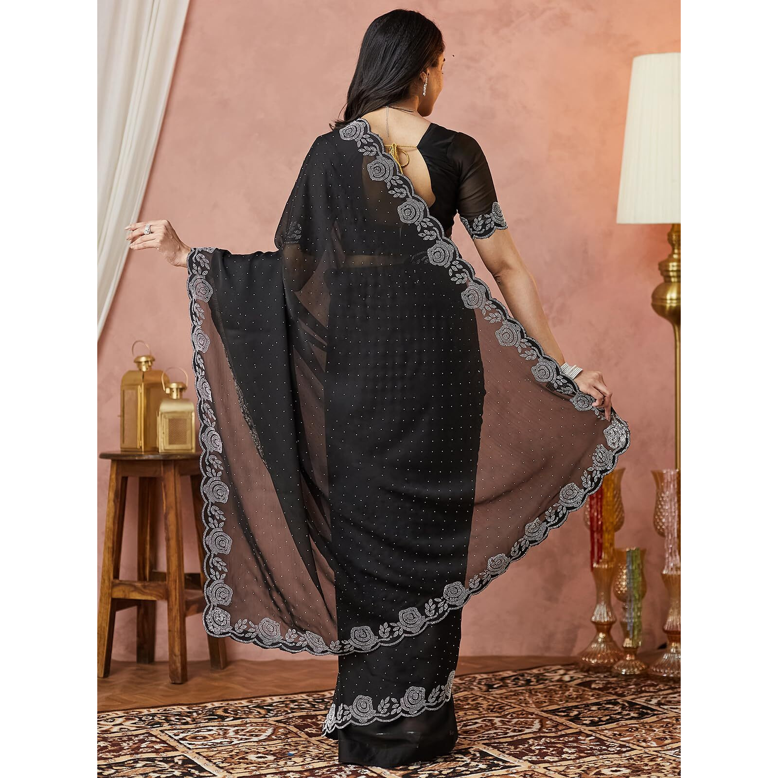 Satrani Women's Georgette Stone Work Saree With Unstitched Blouse Piece (4063S6381N_Black)