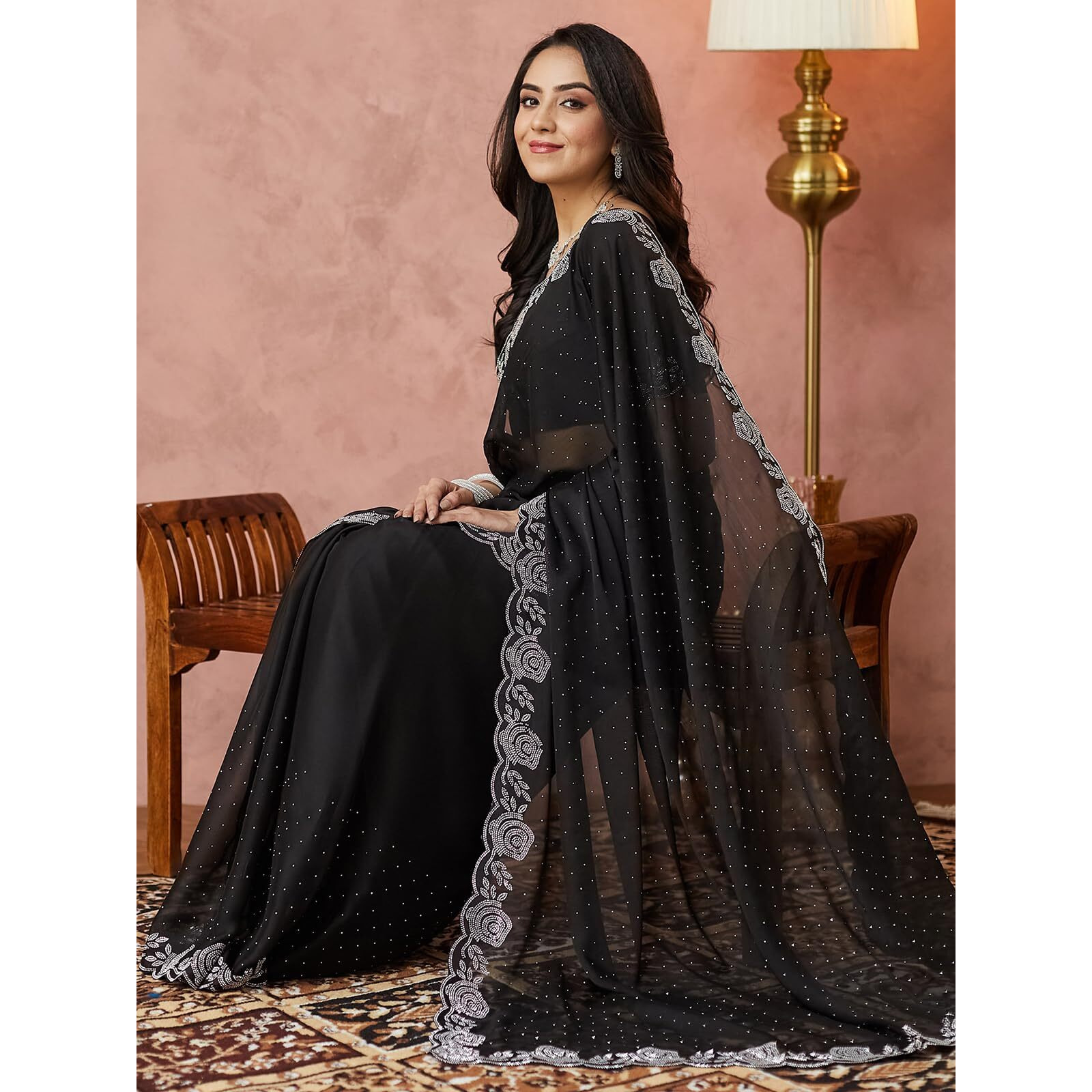 Satrani Women's Georgette Stone Work Saree With Unstitched Blouse Piece (4063S6381N_Black)
