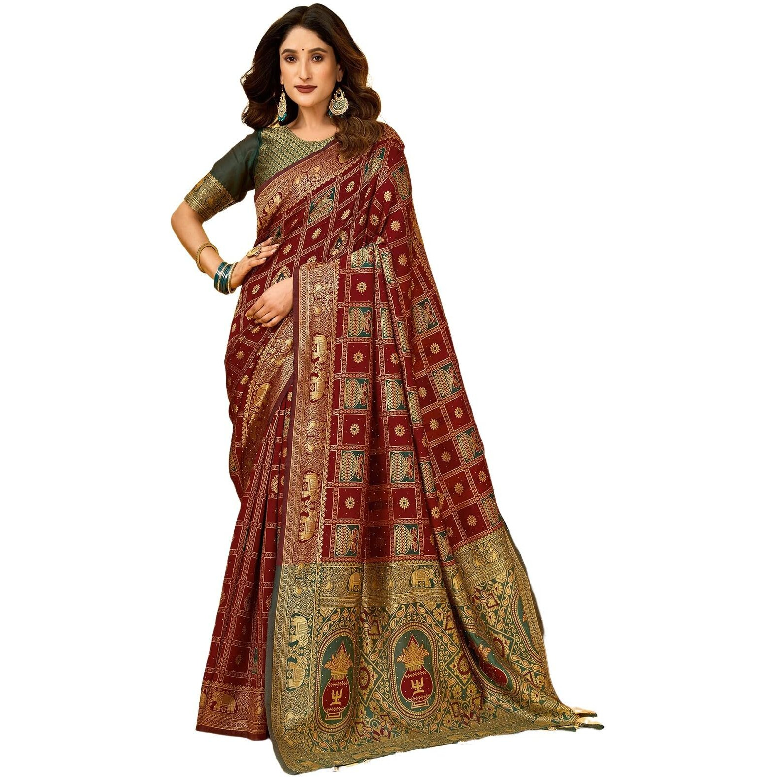 Satrani Women's Banarasi Silk Weaving Stone Work Saree With Unstitched Blouse Piece (4245S6695N_Maroon)