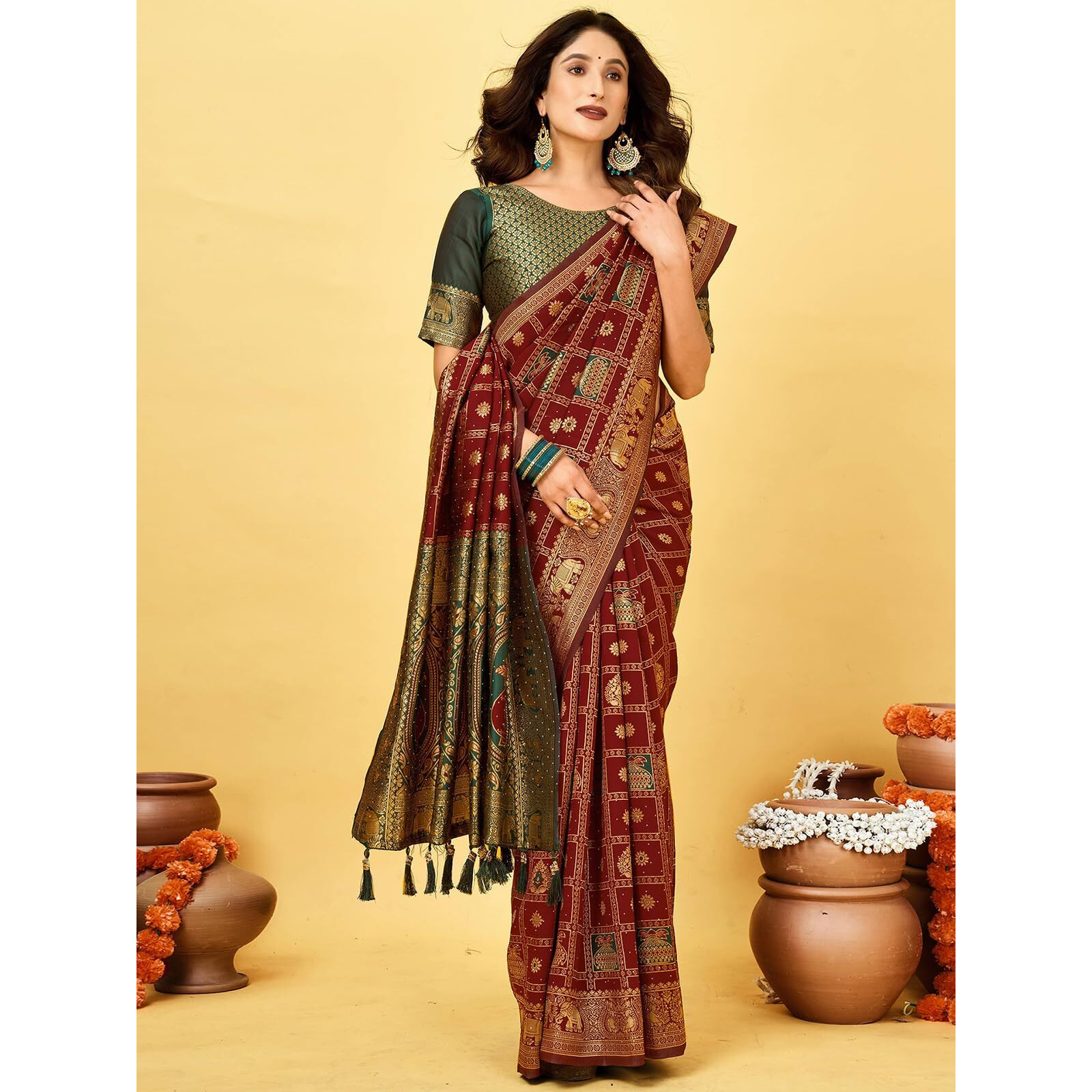 Satrani Women's Banarasi Silk Weaving Stone Work Saree With Unstitched Blouse Piece (4245S6695N_Maroon)