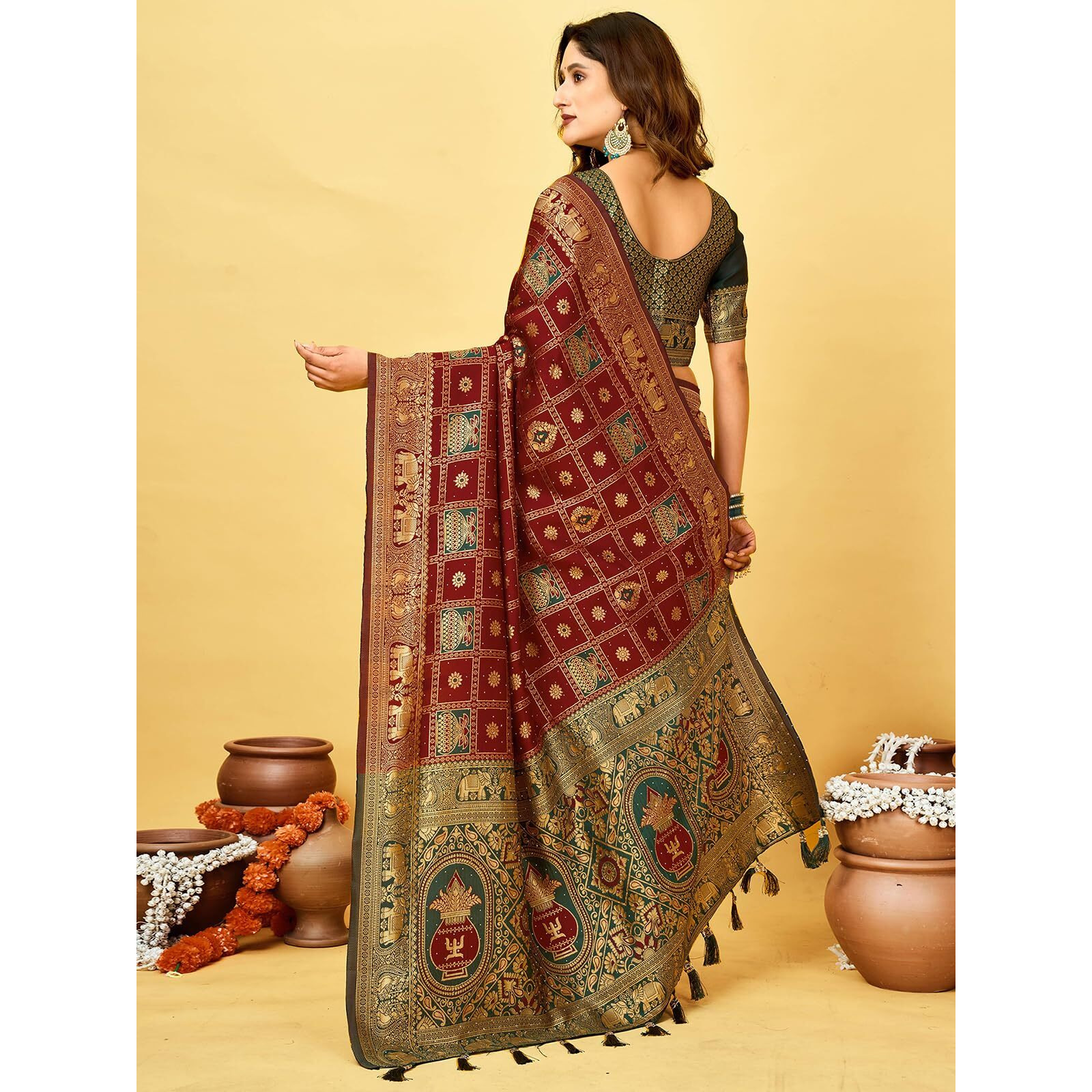 Satrani Women's Banarasi Silk Weaving Stone Work Saree With Unstitched Blouse Piece (4245S6695N_Maroon)