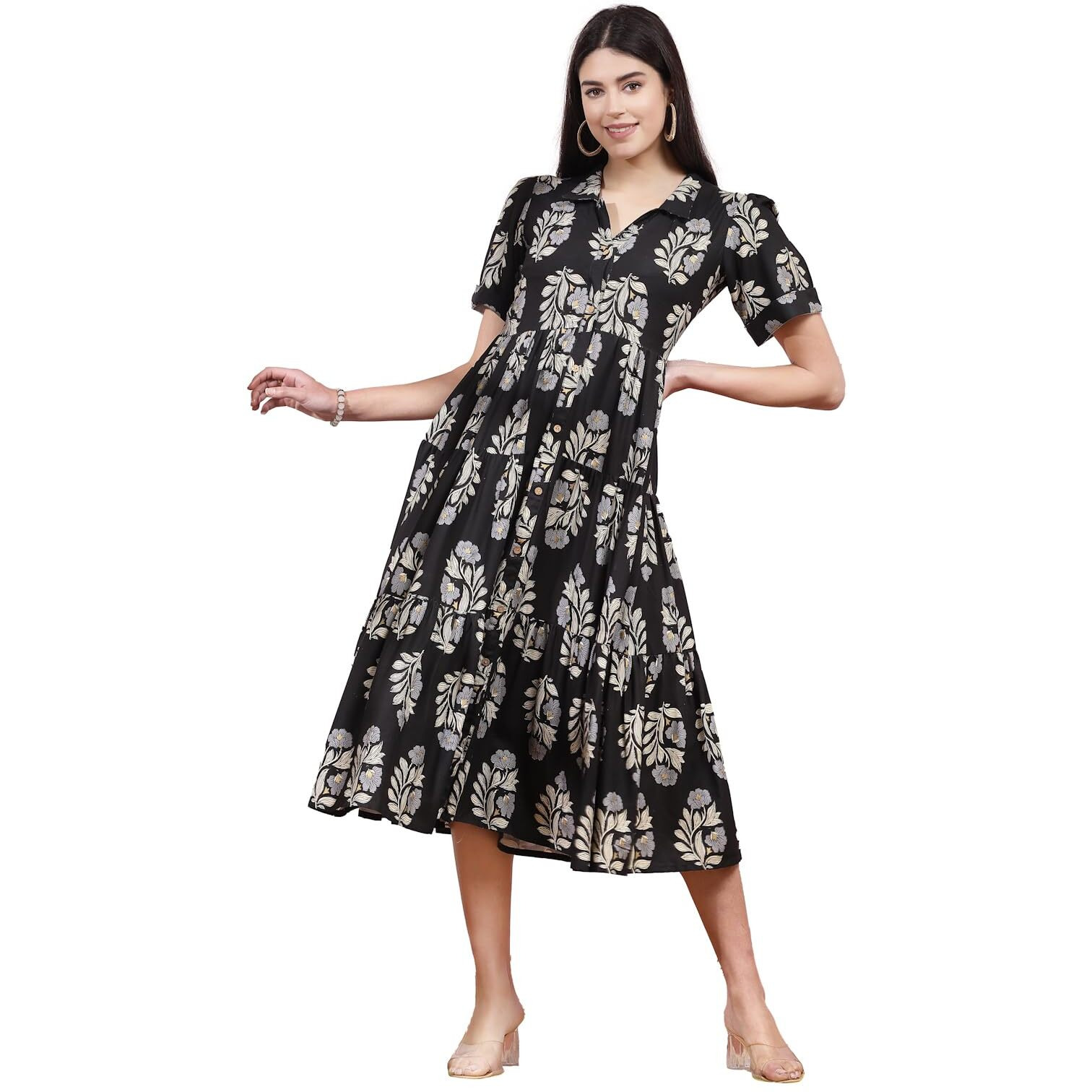 Stylum Women's Floral Printed Rayon Tiered Dress (Drsblackbasket38_Black, M)