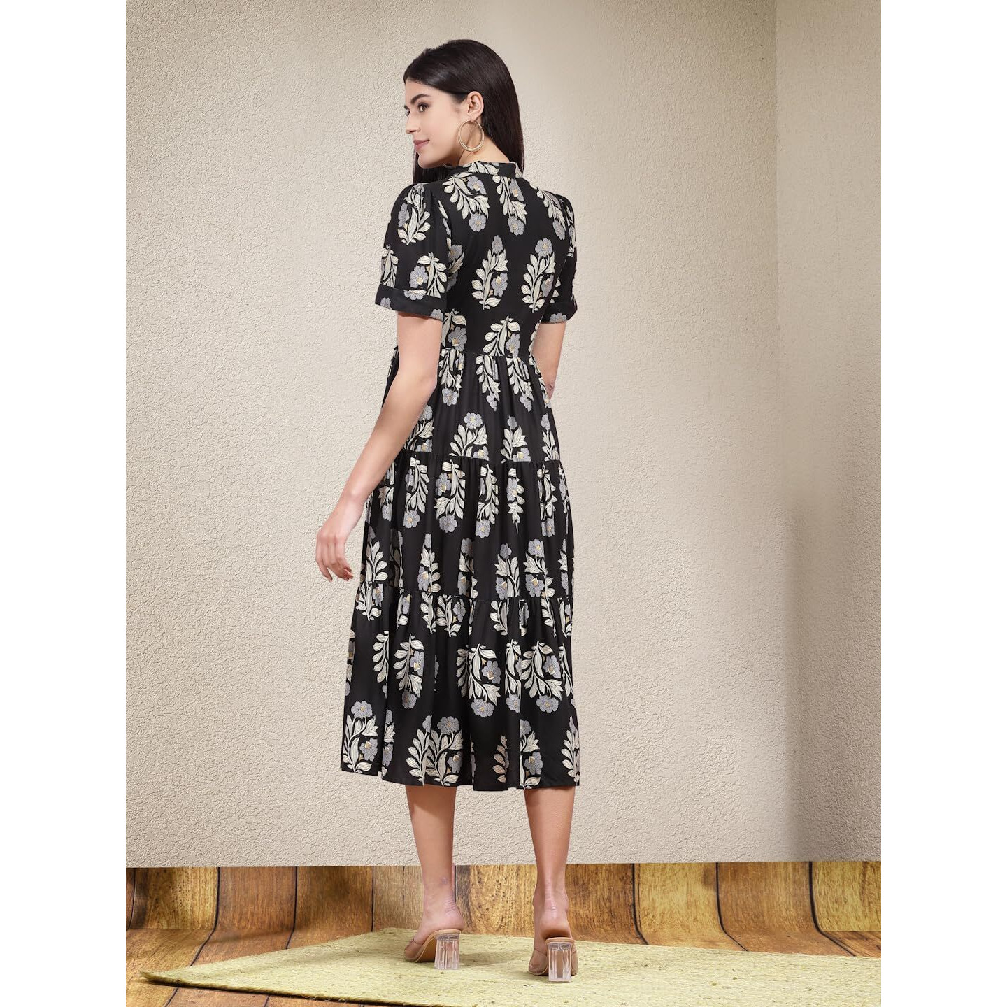 Stylum Women's Floral Printed Rayon Tiered Dress (Drsblackbasket38_Black, M)