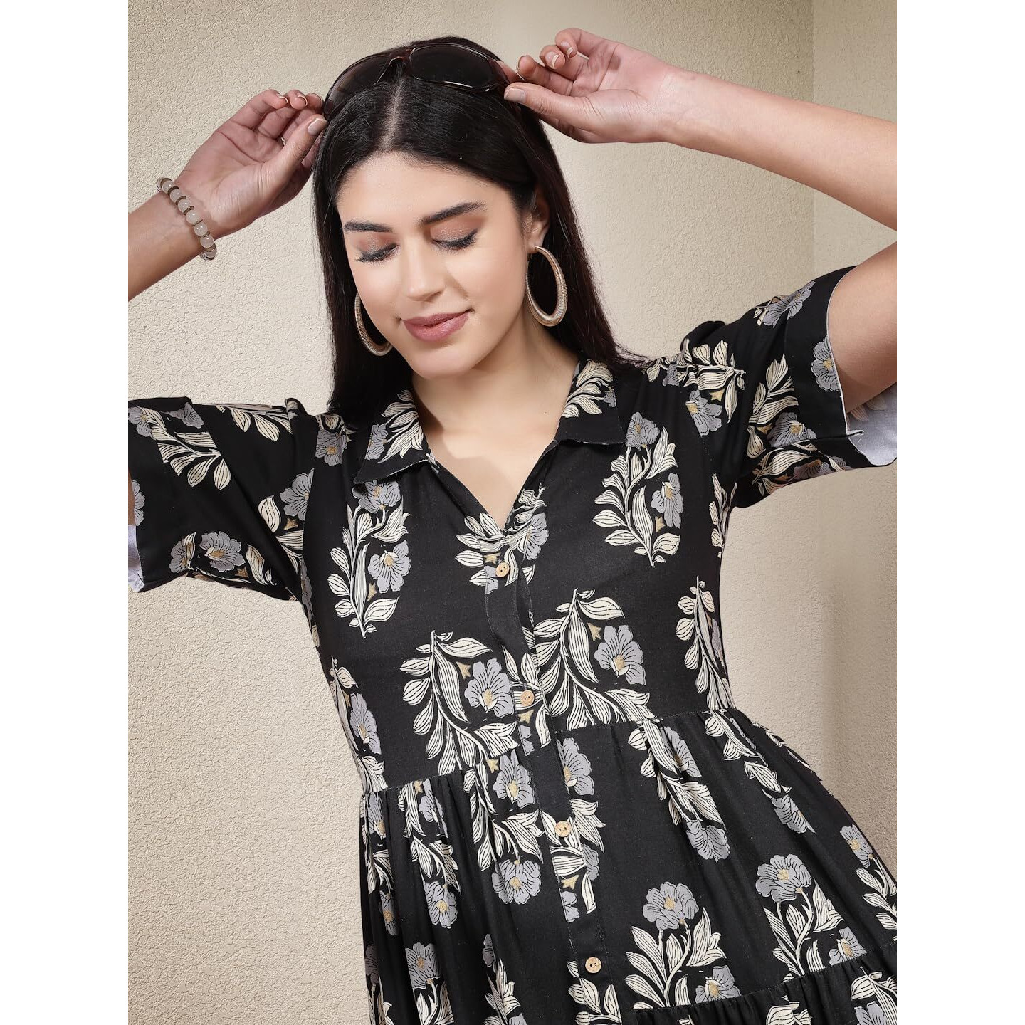 Stylum Women's Floral Printed Rayon Tiered Dress (Drsblackbasket38_Black, M)