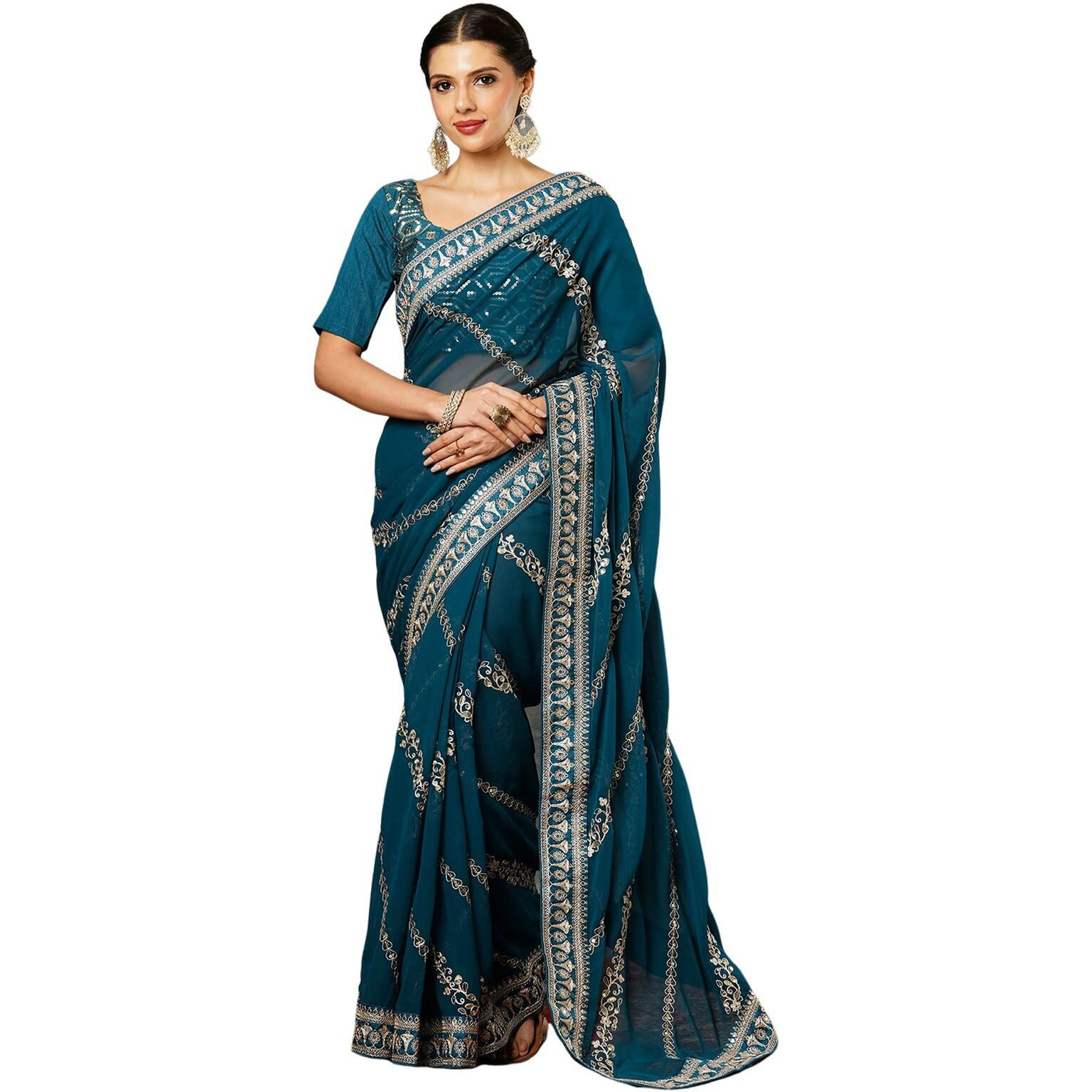 Satrani Women's Georgette Sequence Embroidery Saree With Unstitched Blouse Piece (3905S151N_Rama Blue)