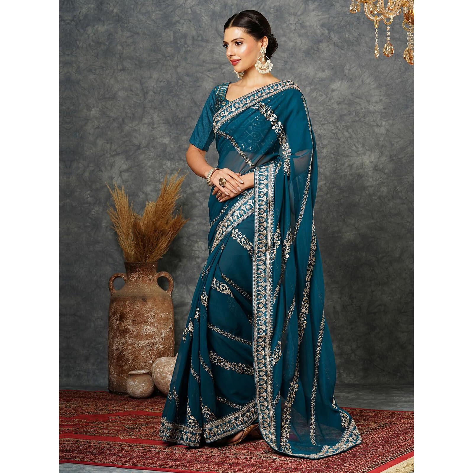 Satrani Women's Georgette Sequence Embroidery Saree With Unstitched Blouse Piece (3905S151N_Rama Blue)