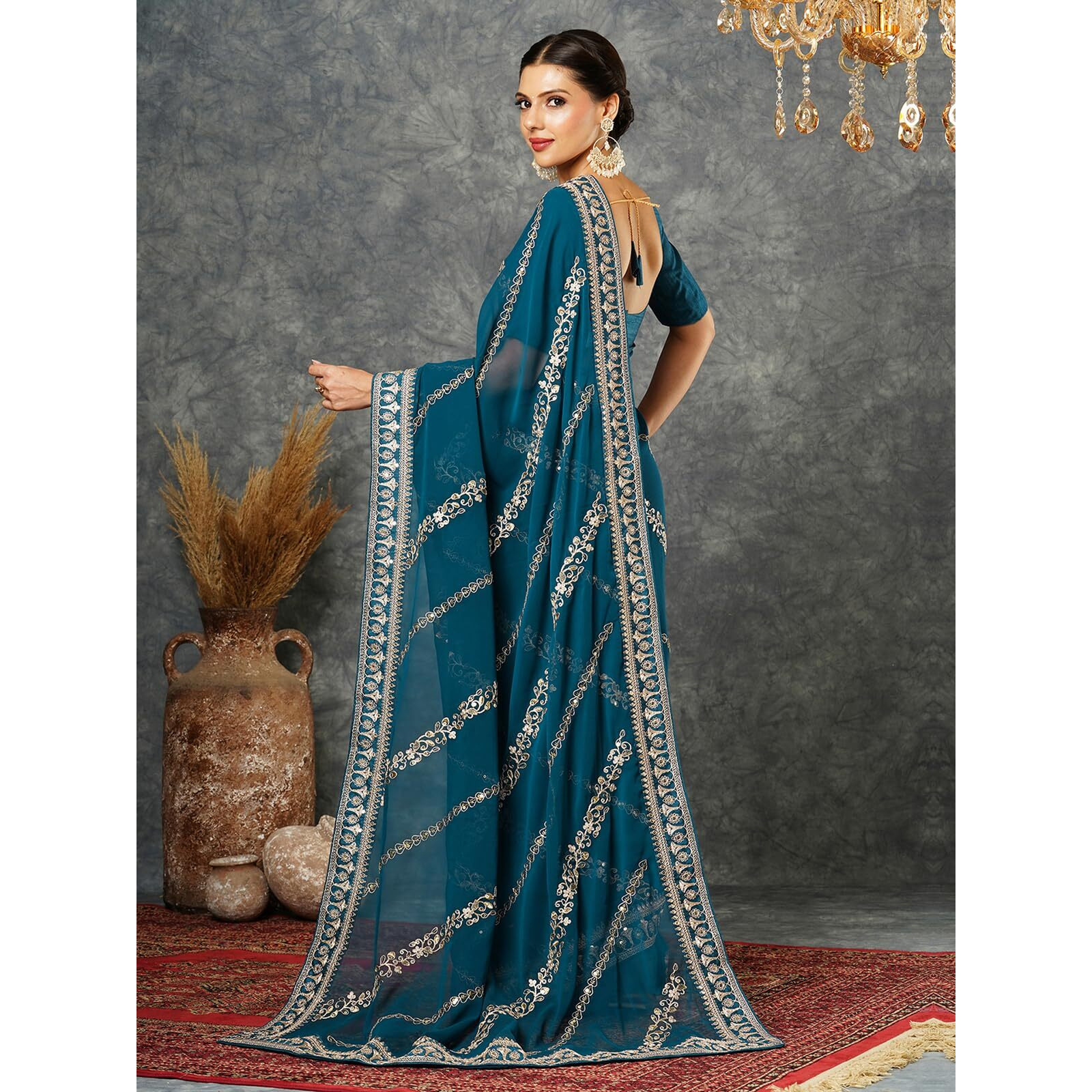 Satrani Women's Georgette Sequence Embroidery Saree With Unstitched Blouse Piece (3905S151N_Rama Blue)