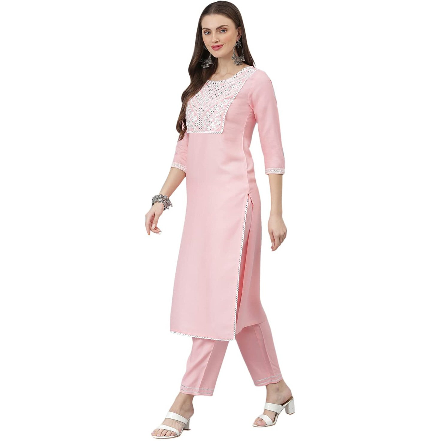 Stylum Women's Embroidered Rayon Straight Kurta Pant Dupatta Set (Kpditalylpink40_Pink, L)