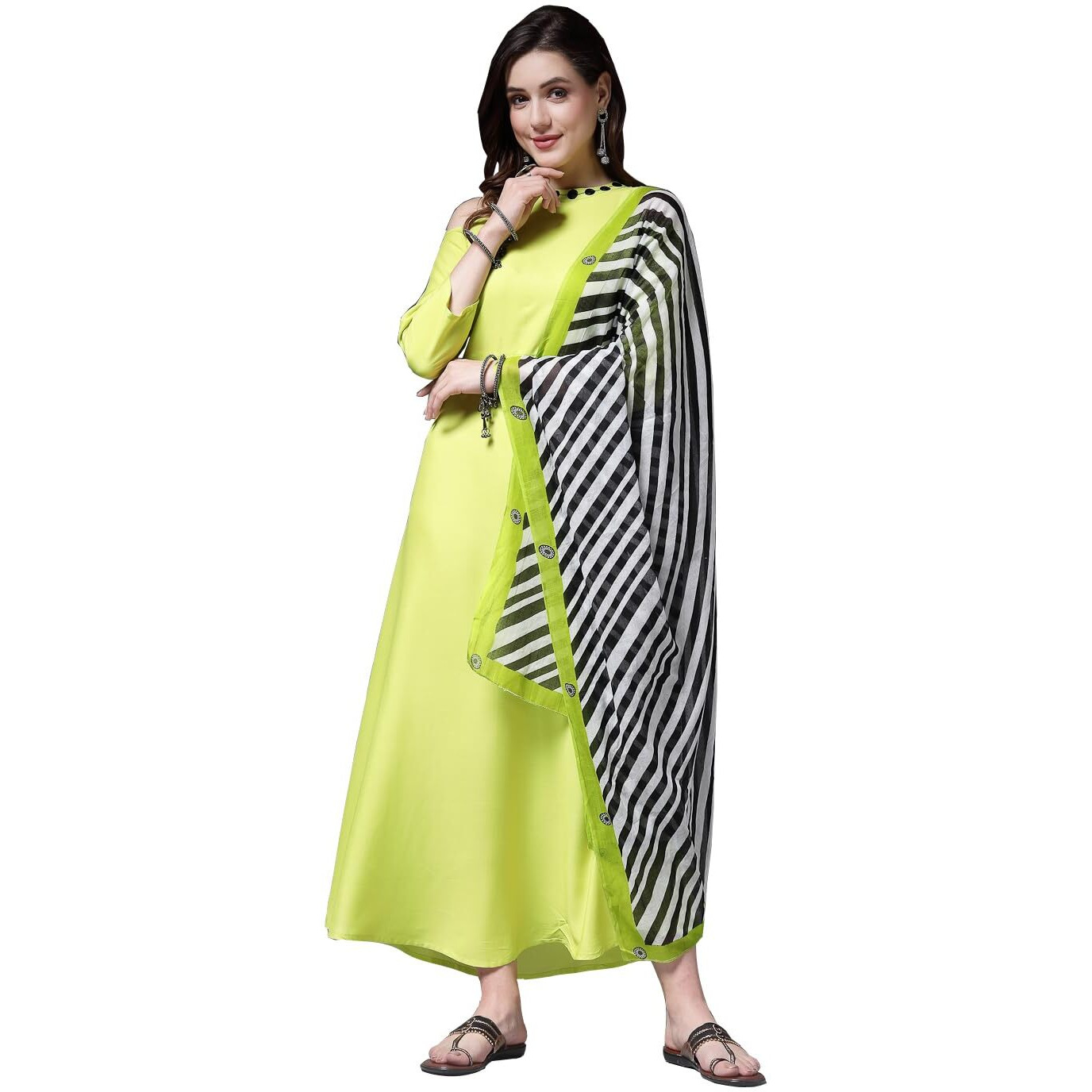 Stylum Women's Solid Rayon A-Line Kurta With Dupatta (Kdgreencolder40_Lime Green, L)