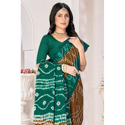 Tamaira Fashion Women's Shibori Bandhani Printed Pure Cotton Mulmul Saree Without Blouse Piece(2512_Beige&Seagreen)
