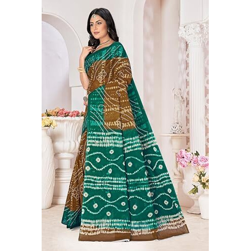 Tamaira Fashion Women's Shibori Bandhani Printed Pure Cotton Mulmul Saree Without Blouse Piece(2512_Beige&Seagreen)