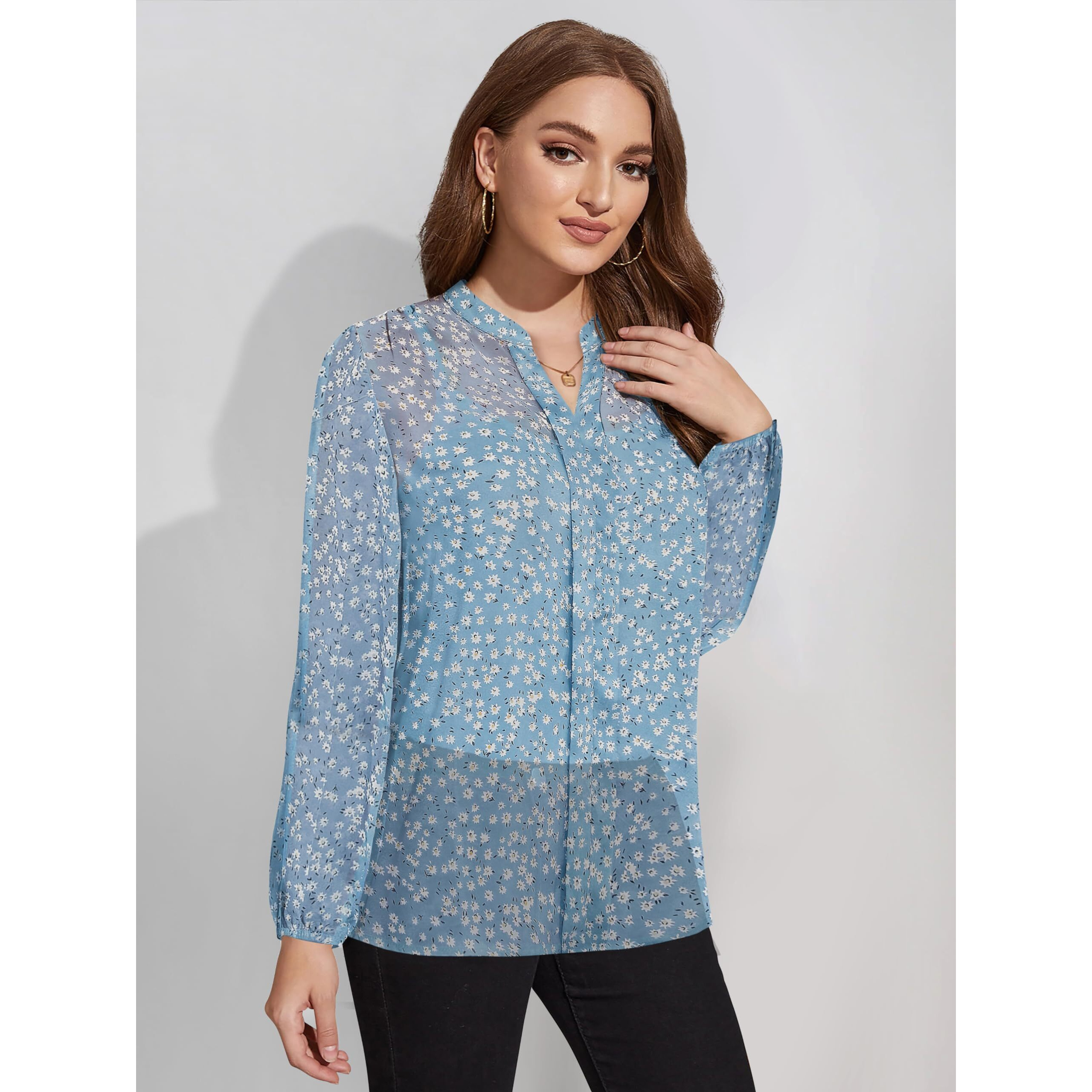 Toochki Women's Floral Regular Fit Top (Toochki203-Tp_Sky Blue