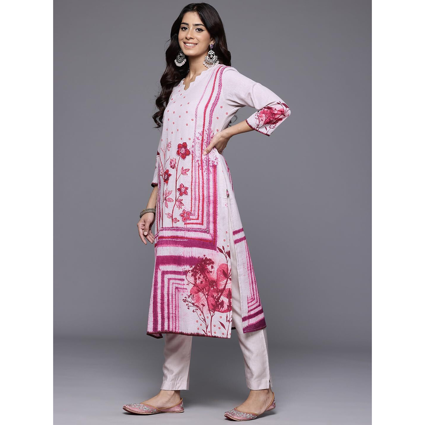 Varanga Women Pink Floral Printed French Knot Thread Embroidered Kurta With Bottom And Dupatta