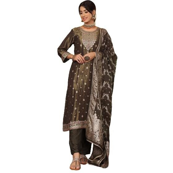 Varanga Women Pure Silk Metllic Green Hannd Embroidered Kurta With Bottom And Dupatta