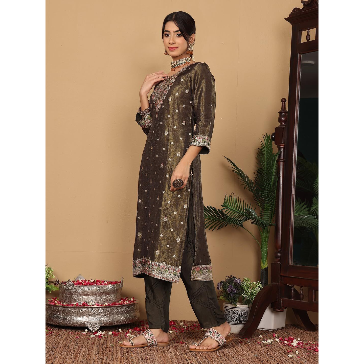 Varanga Women Pure Silk Metllic Green Hannd Embroidered Kurta With Bottom And Dupatta