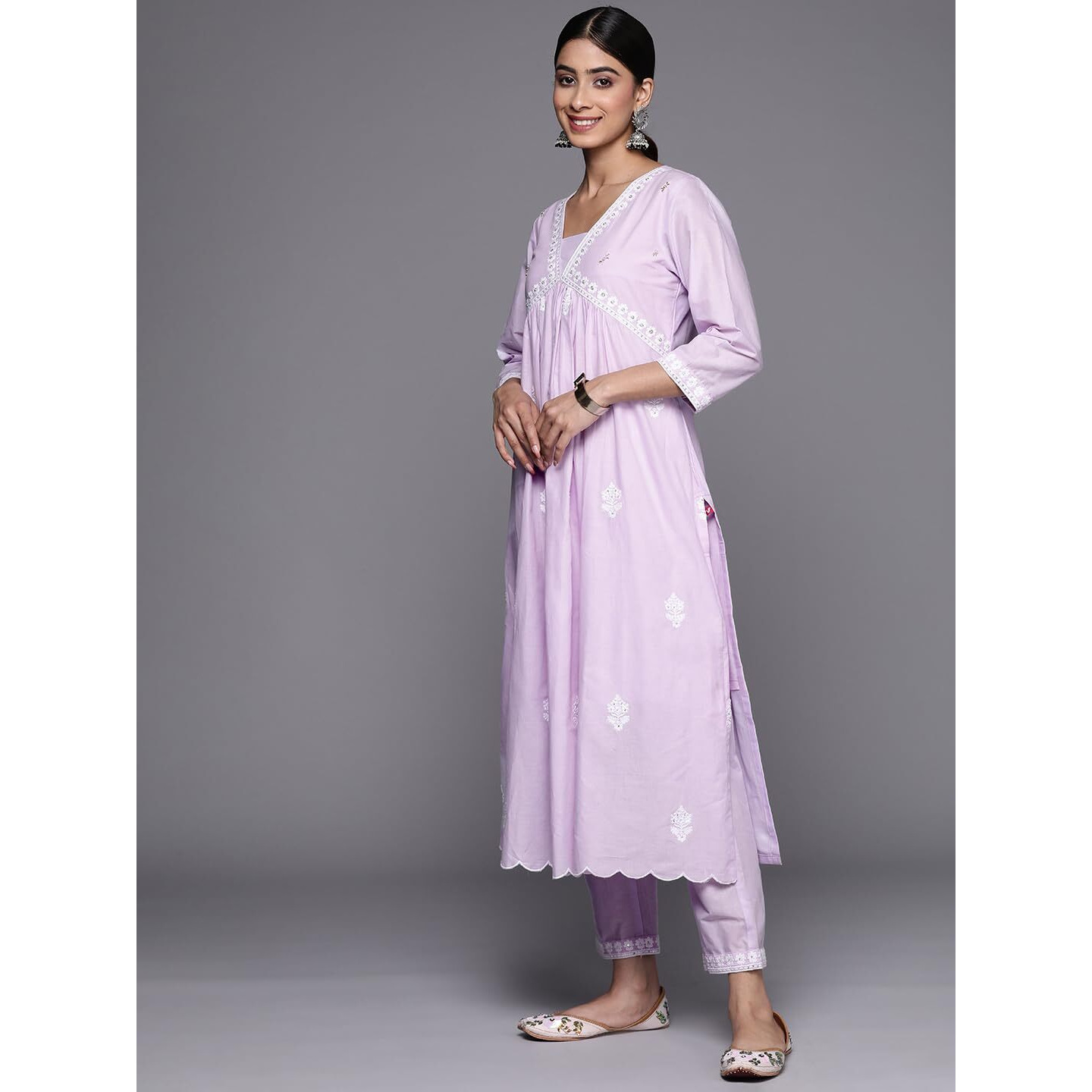 Varanga Women Lavender Embroidered A-Line Empire Kurta Paired With Tonal Bottom And Tonal Embroidered Dupatta