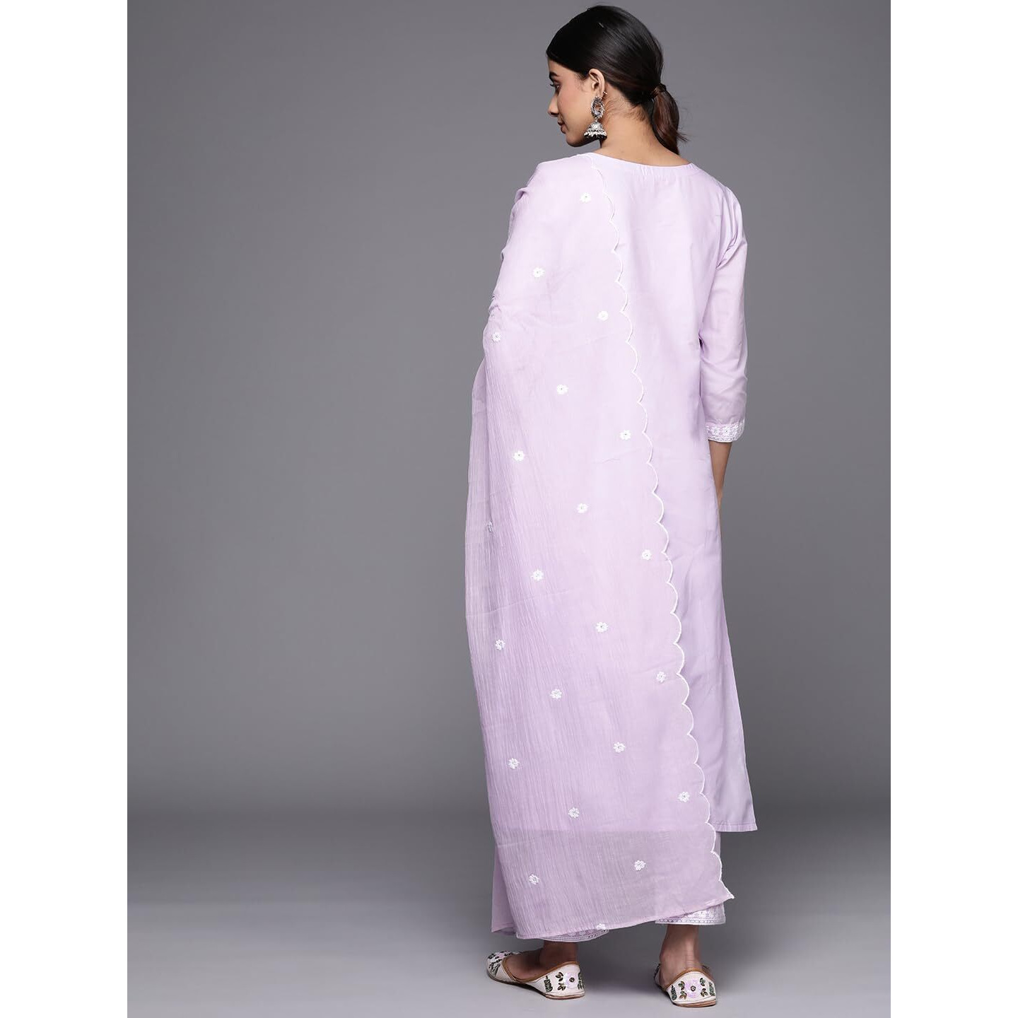 Varanga Women Lavender Embroidered A-Line Empire Kurta Paired With Tonal Bottom And Tonal Embroidered Dupatta