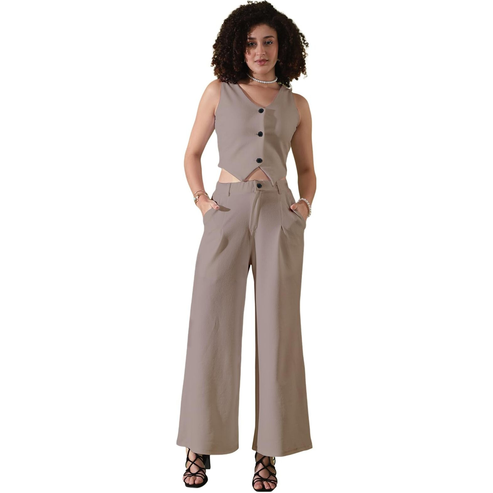 Selvia Women's Co-Ords Set|Lycra Top And Trouser Set|Casual Co-Ords Set For Women|Two Piece Co-Ord Set|Top & Pant Set(640Ctk11285N-L_Khaki)