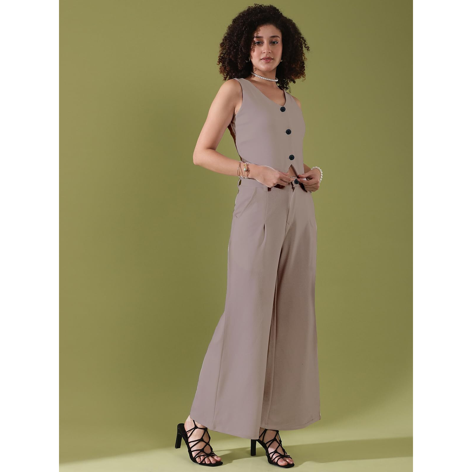 Selvia Women's Co-Ords Set|Lycra Top And Trouser Set|Casual Co-Ords Set For Women|Two Piece Co-Ord Set|Top & Pant Set(640Ctk11285N-L_Khaki)