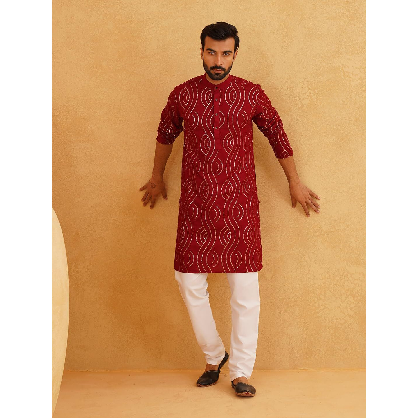 Sojanya (Since 1958 Men's Pure Cotton Maroon Designer Kurta And White Churidar Pyjama Set