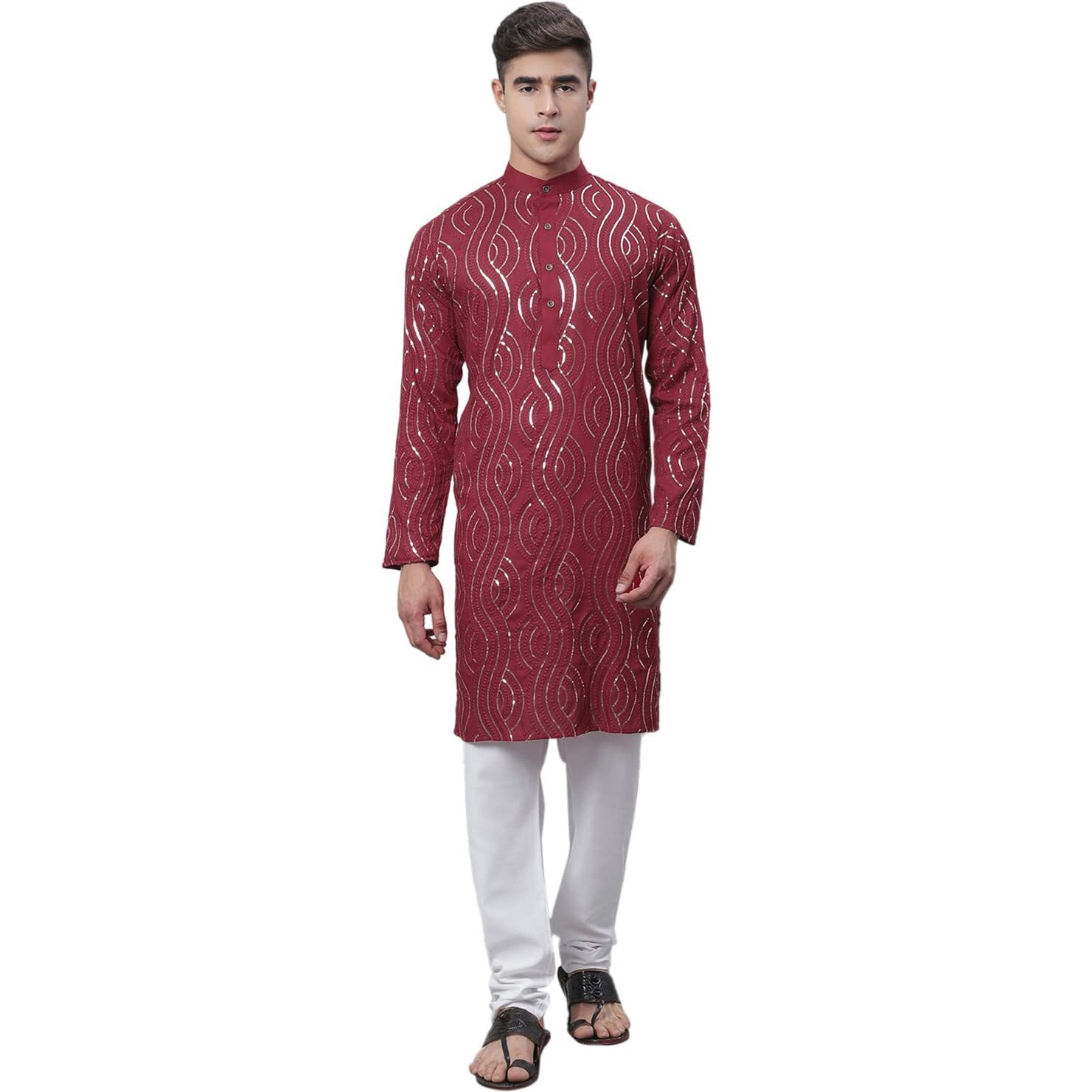 Sojanya (Since 1958 Men's Pure Cotton Maroon Designer Kurta And White Churidar Pyjama Set