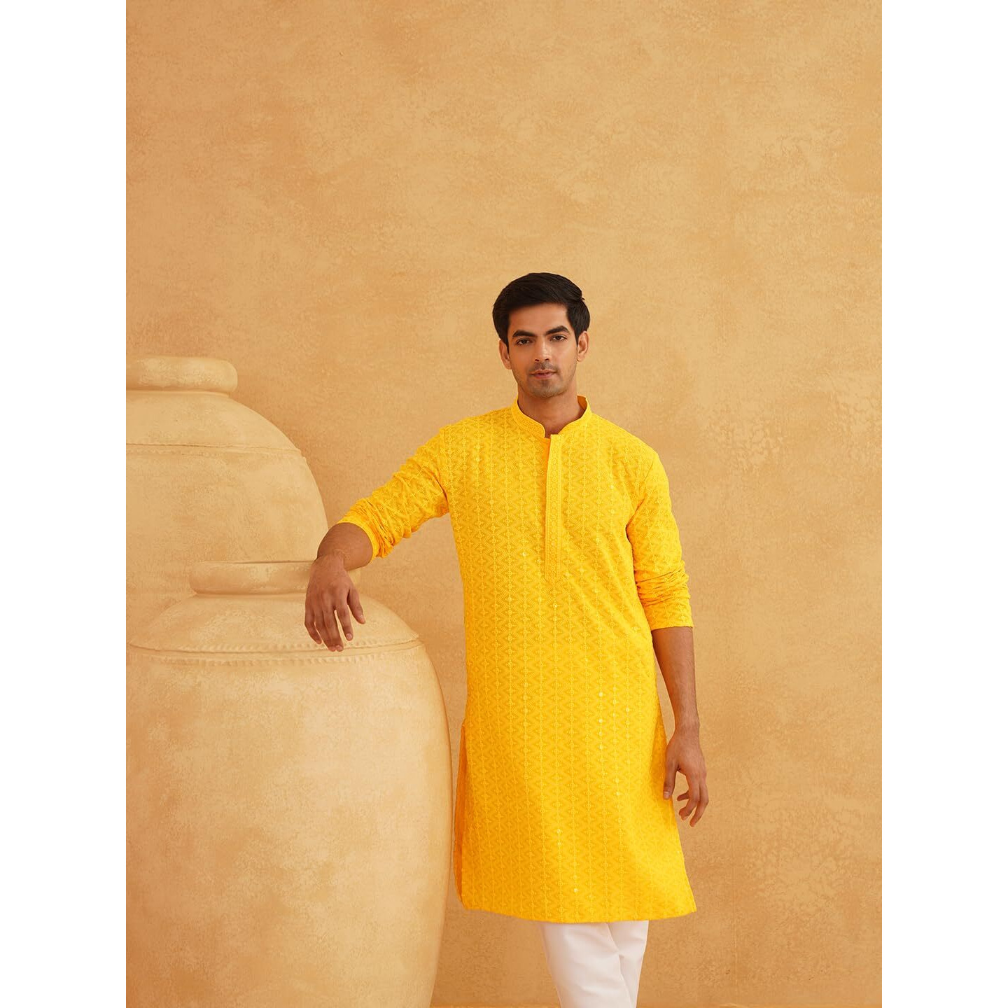 Sojanya (Since 1958 Men's Pure Cotton Mustard Embroidered Sequined Kurta