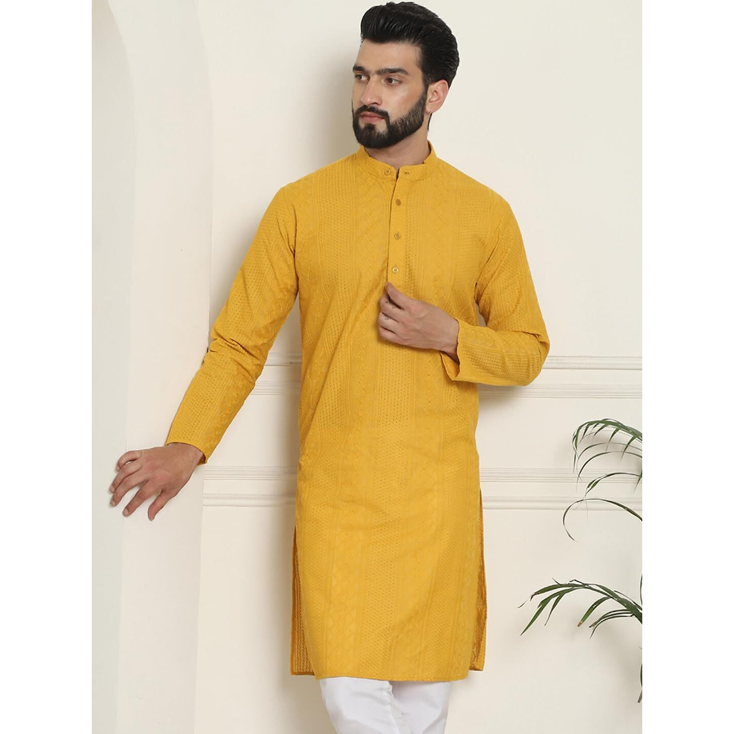 Sojanya (Since 1958 Men's Cotton Thread Embroidered Mustard Long Kurta
