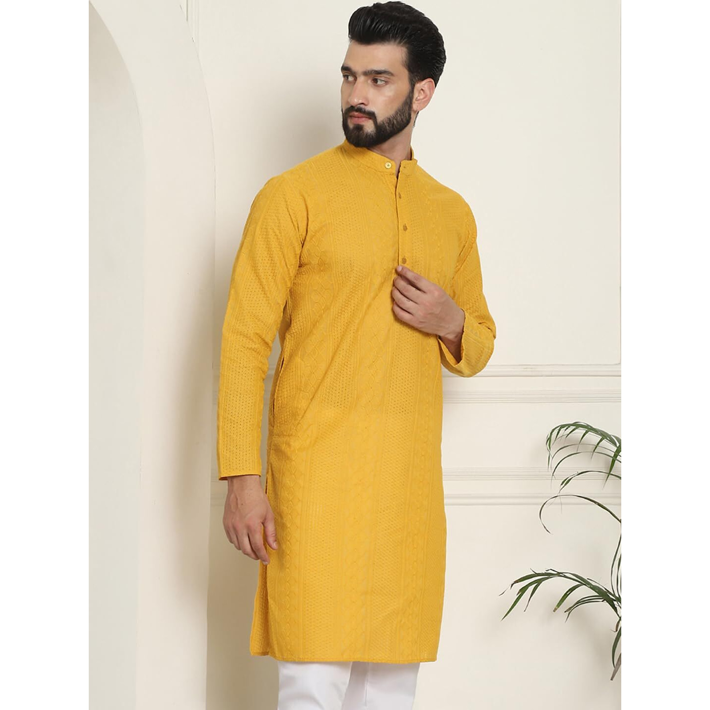 Sojanya (Since 1958 Men's Cotton Thread Embroidered Mustard Long Kurta
