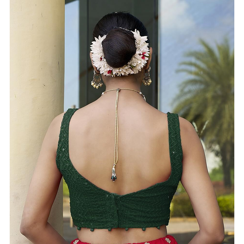 Vihu Fashion Women's Readymade Fancy Embroidery Lucknowi Work Sequence Work Indian Ethnic Designer Sleeveless Blouse Readymade Sweetheart Neck Blouse Green For Women Saree Lehenga Choli