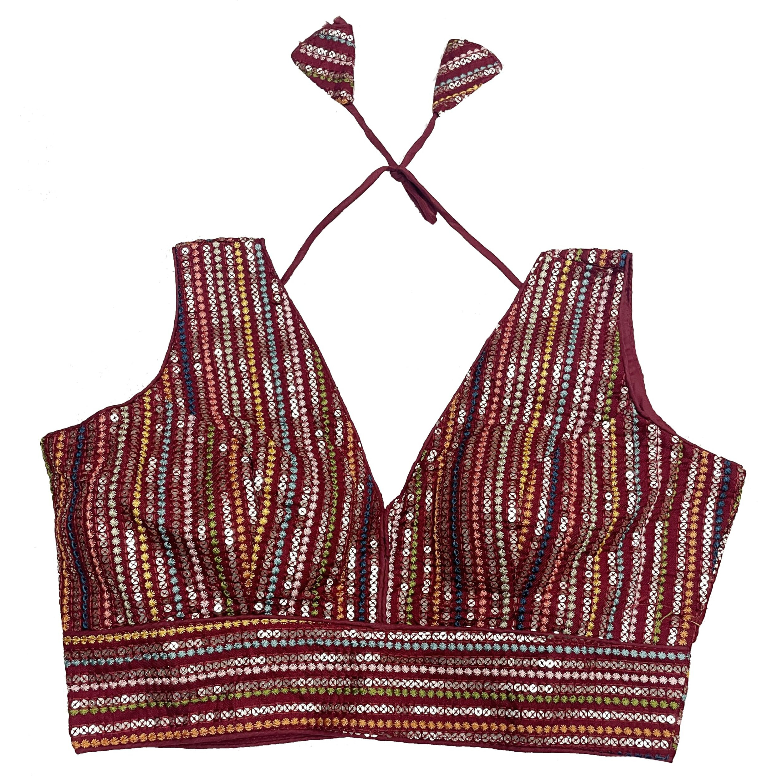 Vihu Fashion Women's Sleeveless Readymade Sabyasachi Pattern V Neck Blouse Embroidery Work With Sequence Blouse Indian Ethnic Wear Readymade Saree Blouse For Lehenga Choli Stylis (Maroon, 38)