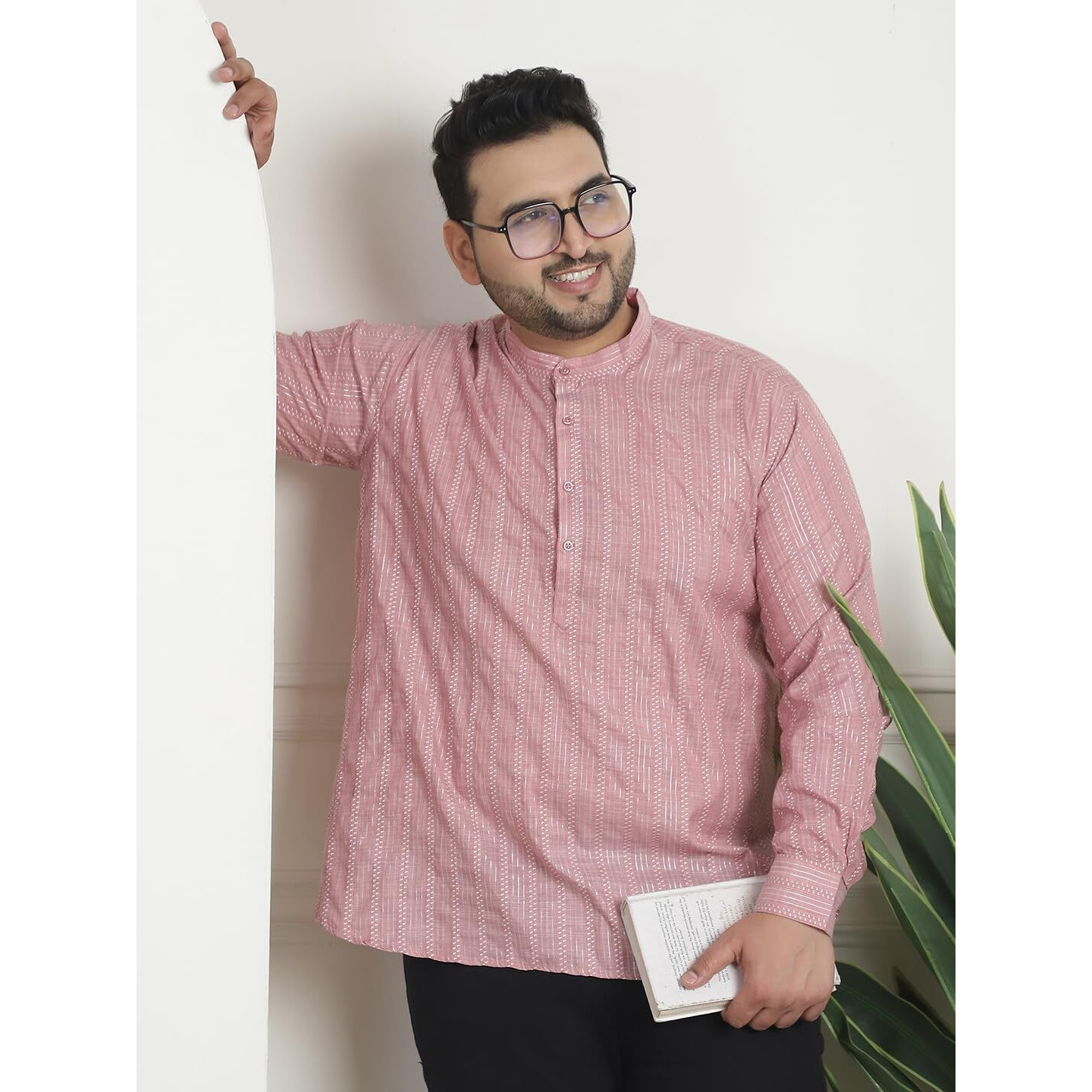 Sojanya Plus (Since 1958) Men's Cotton Woven Design Pink Short Kurta