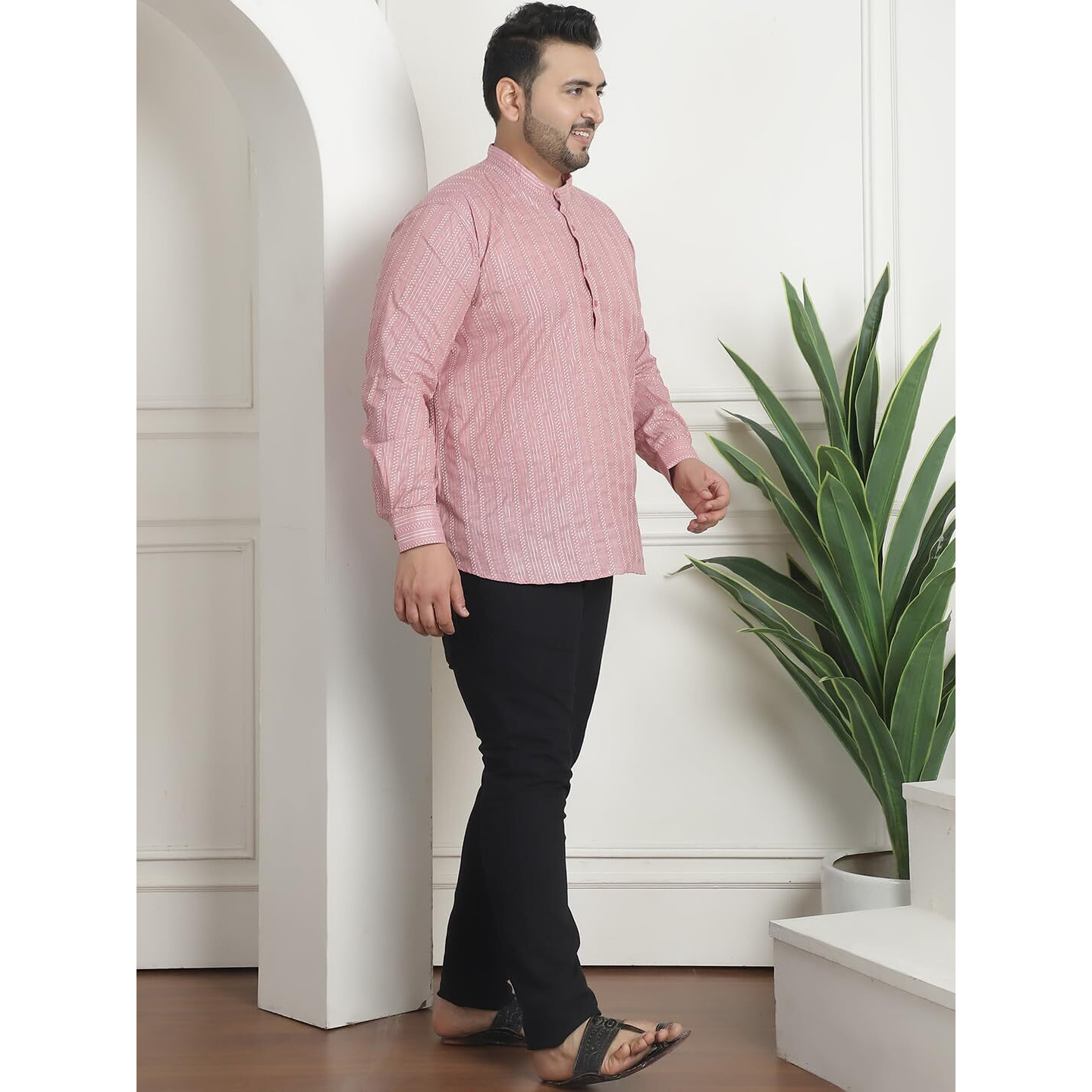 Sojanya Plus (Since 1958) Men's Cotton Woven Design Pink Short Kurta