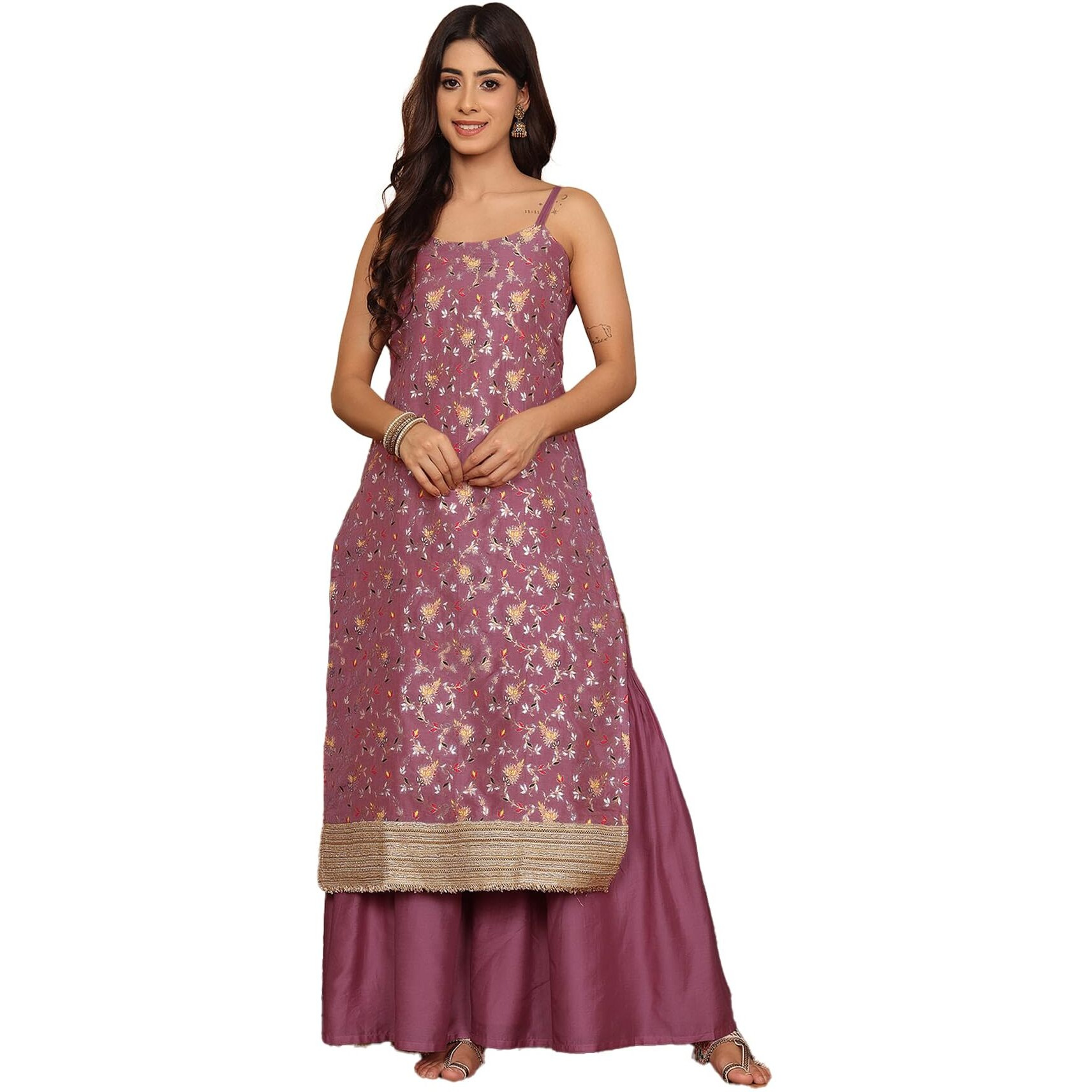 Varanga Women Pink Brocade Strap Sleeves Kurta With Sharara And Dupatta
