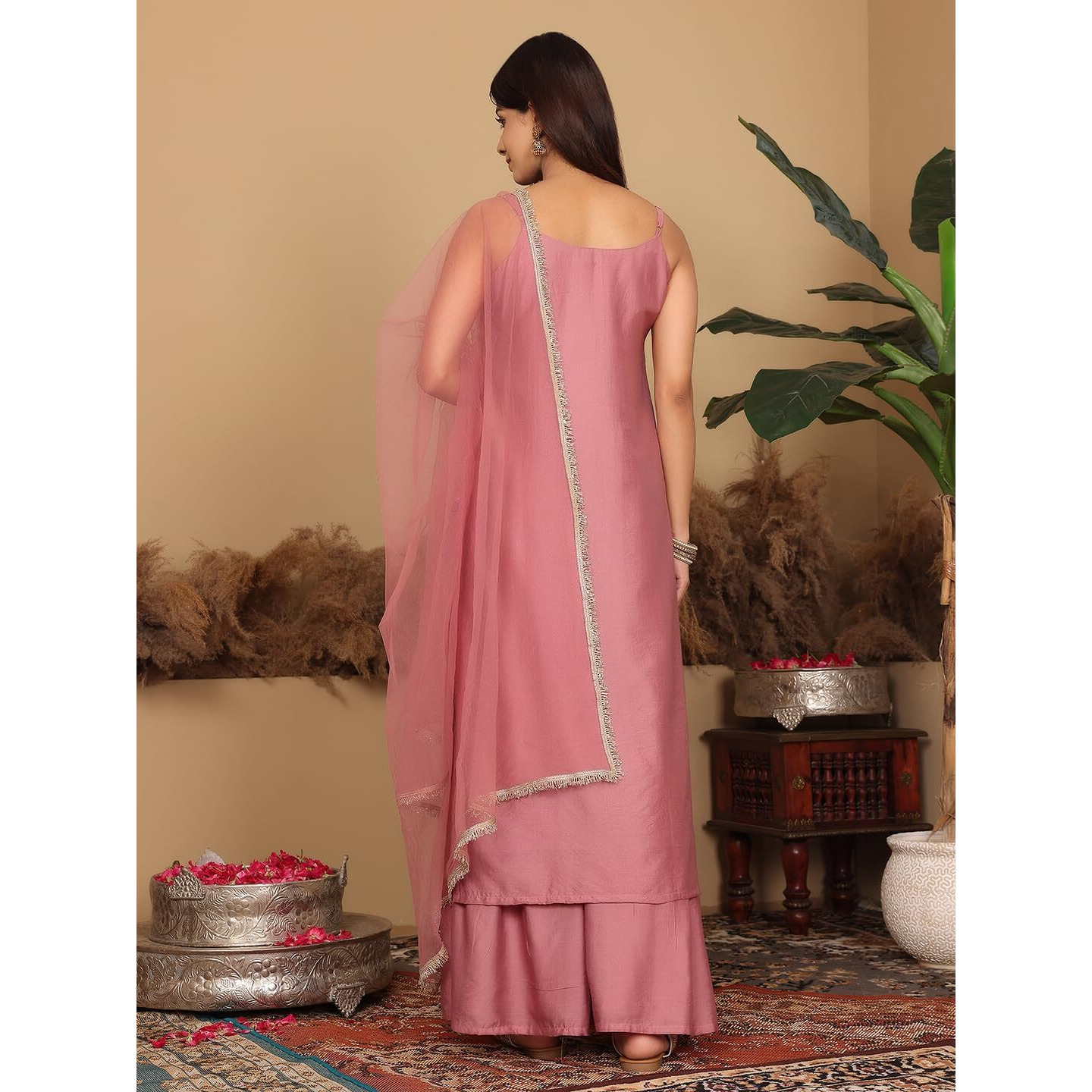 Varanga Women Pink Brocade Strap Sleeves Kurta With Sharara And Dupatta
