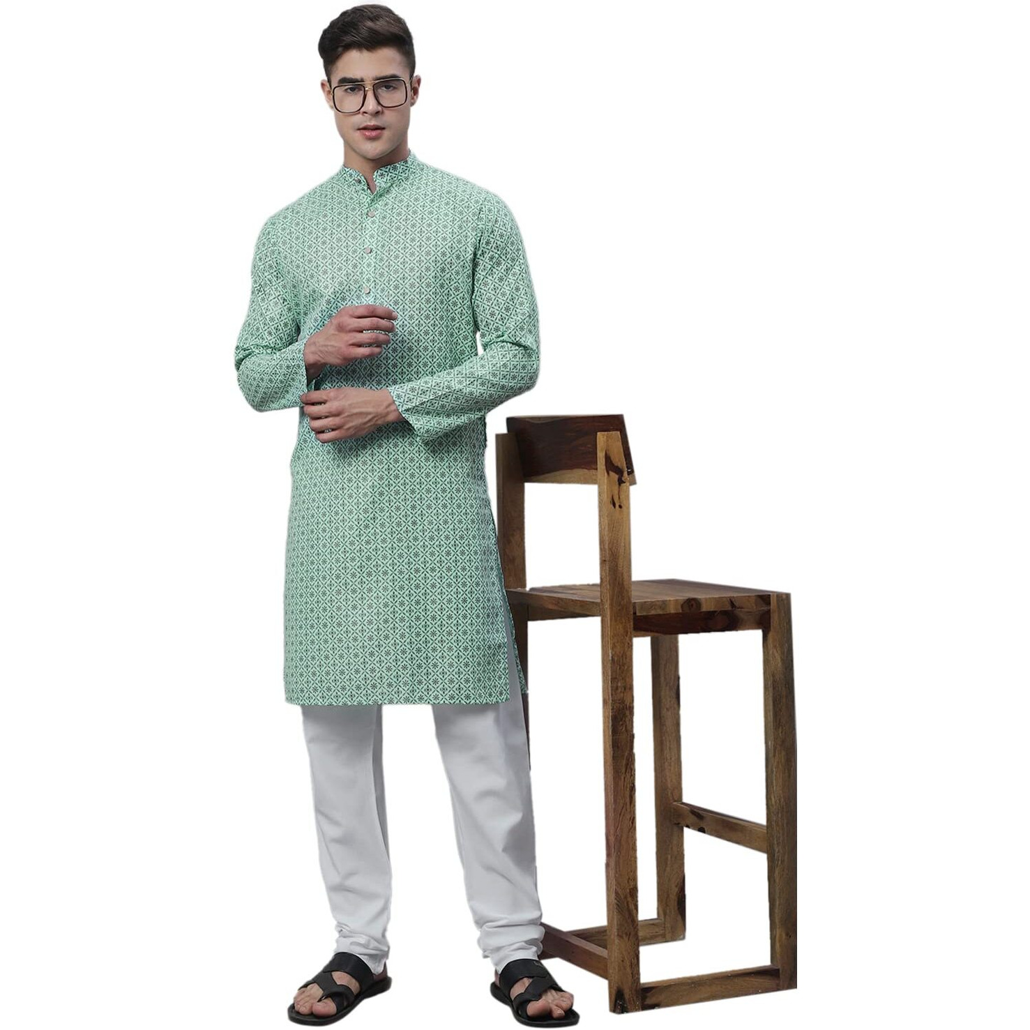 Sojanya (Since 1958 Men's Cotton Linen Seagreen Foil Printed Kurta And White Pyjama Set