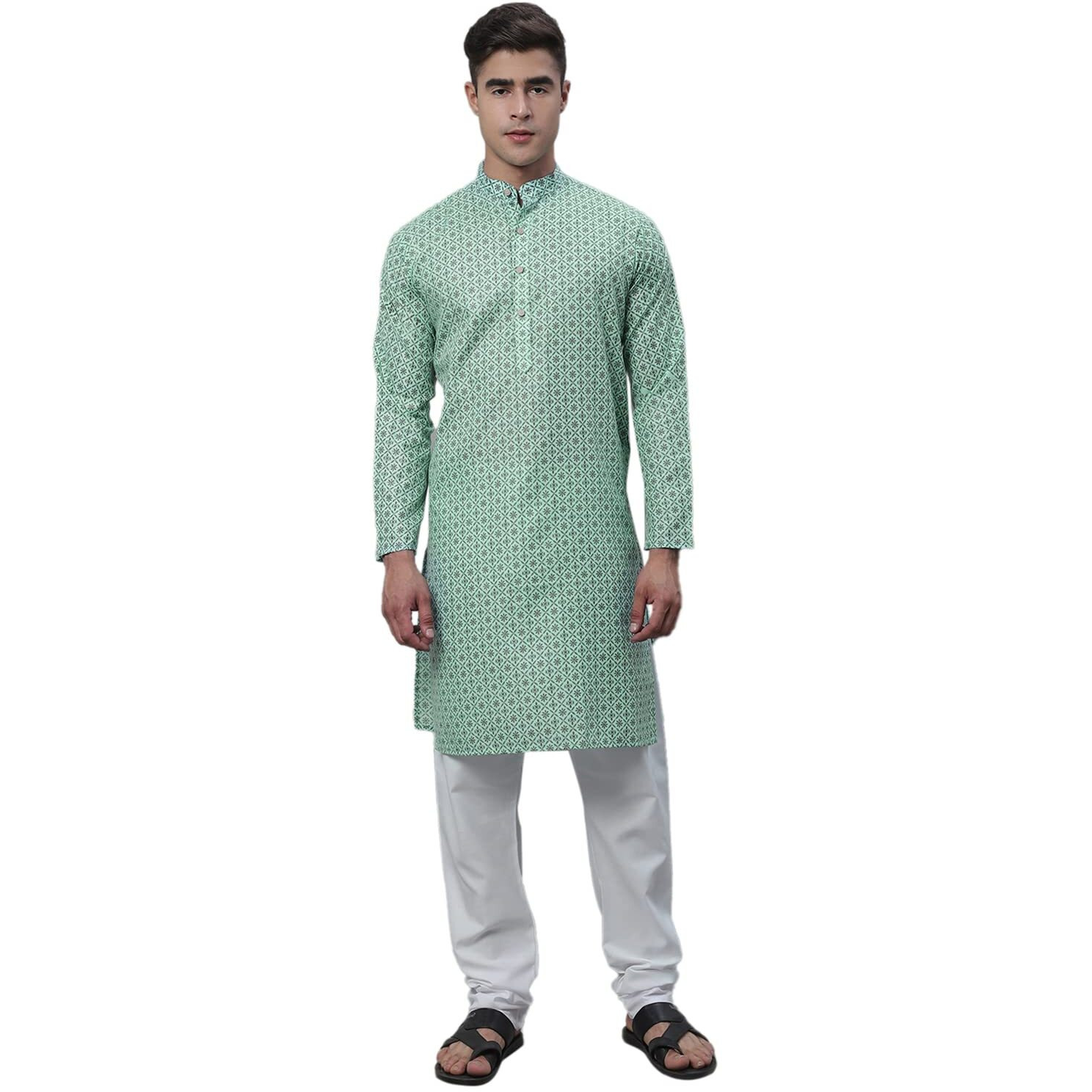 Sojanya (Since 1958 Men's Cotton Linen Seagreen Foil Printed Kurta And White Pyjama Set