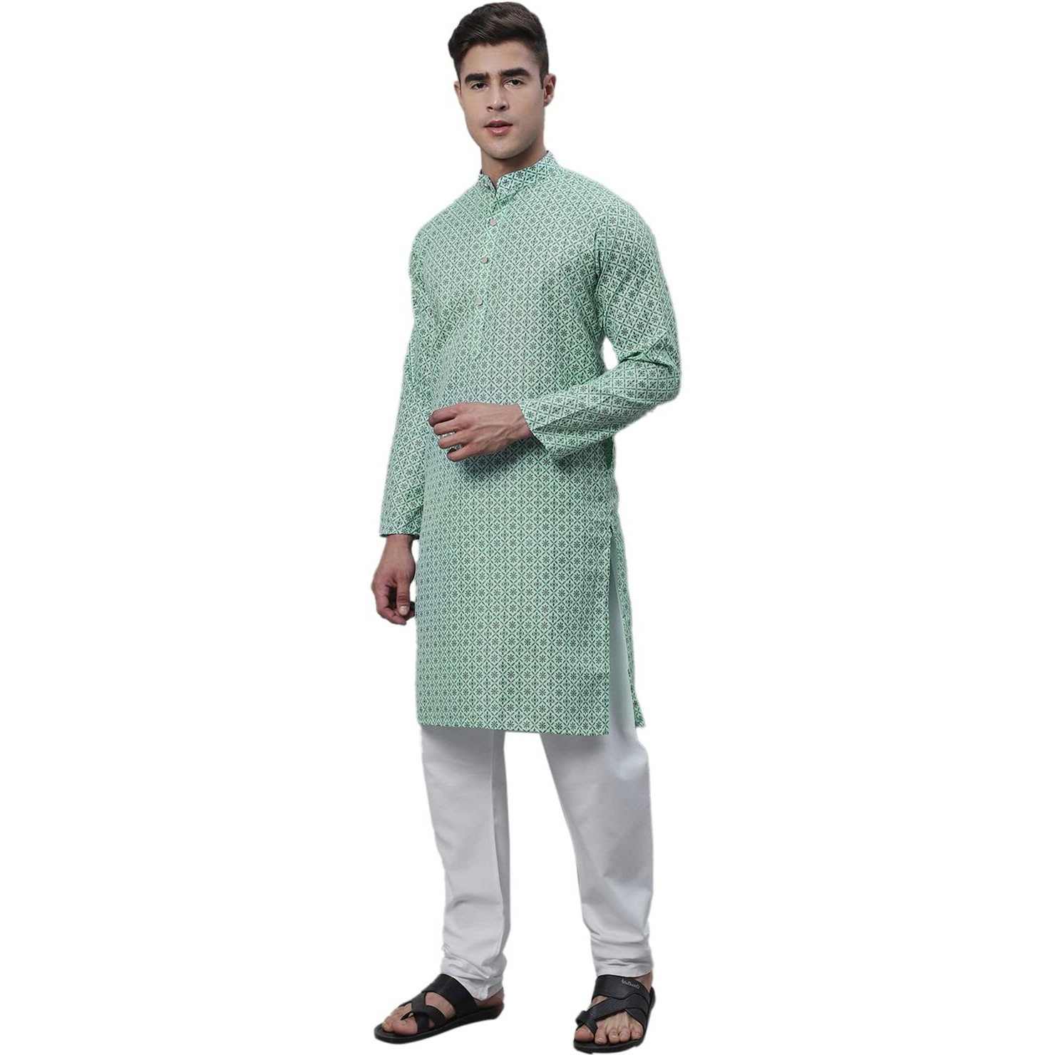Sojanya (Since 1958 Men's Cotton Linen Seagreen Foil Printed Kurta And White Pyjama Set