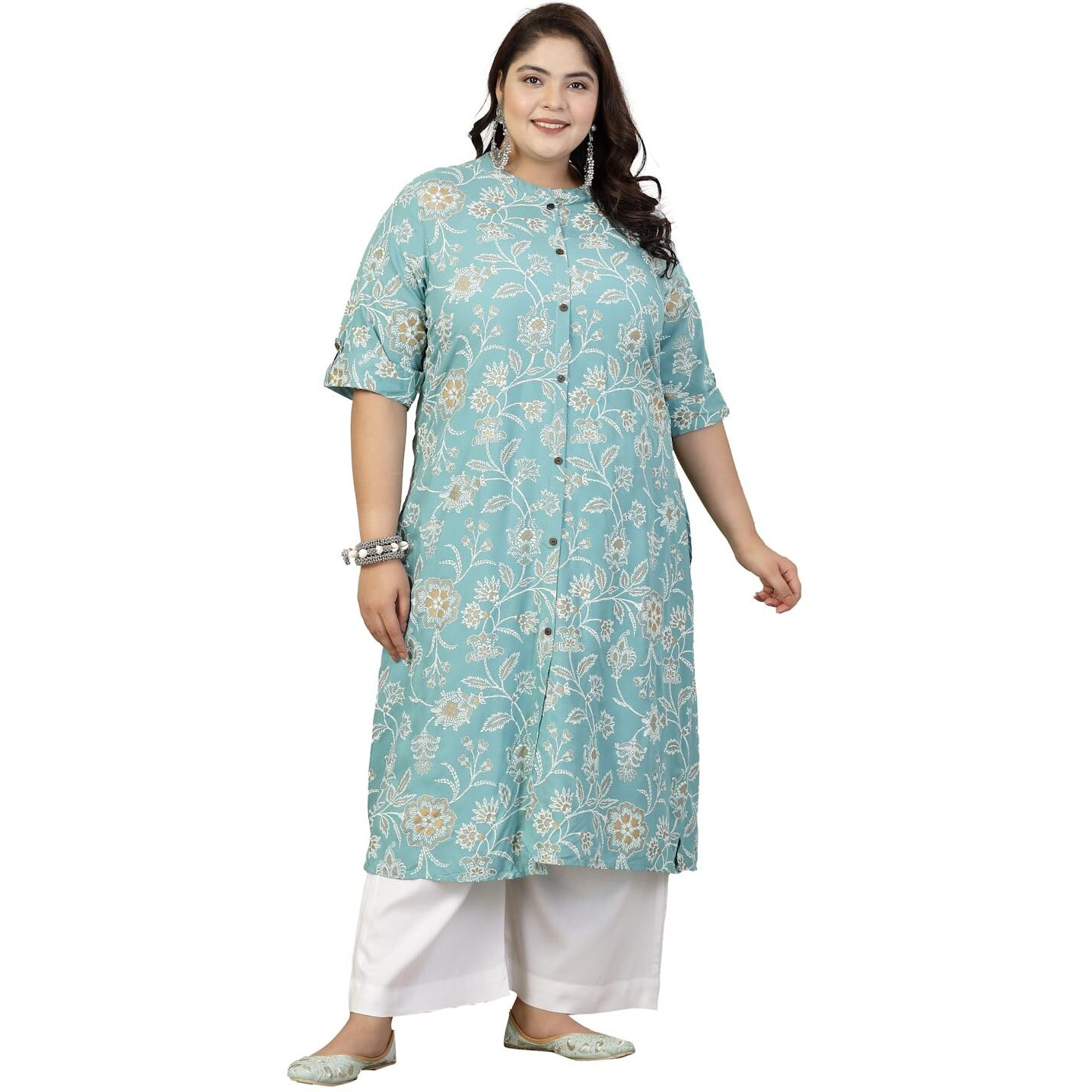 Stylum Plus Size Women Floral Print Rayon A-Line Kurta (Fionaaquaplus50_Aqua, 5Xl)