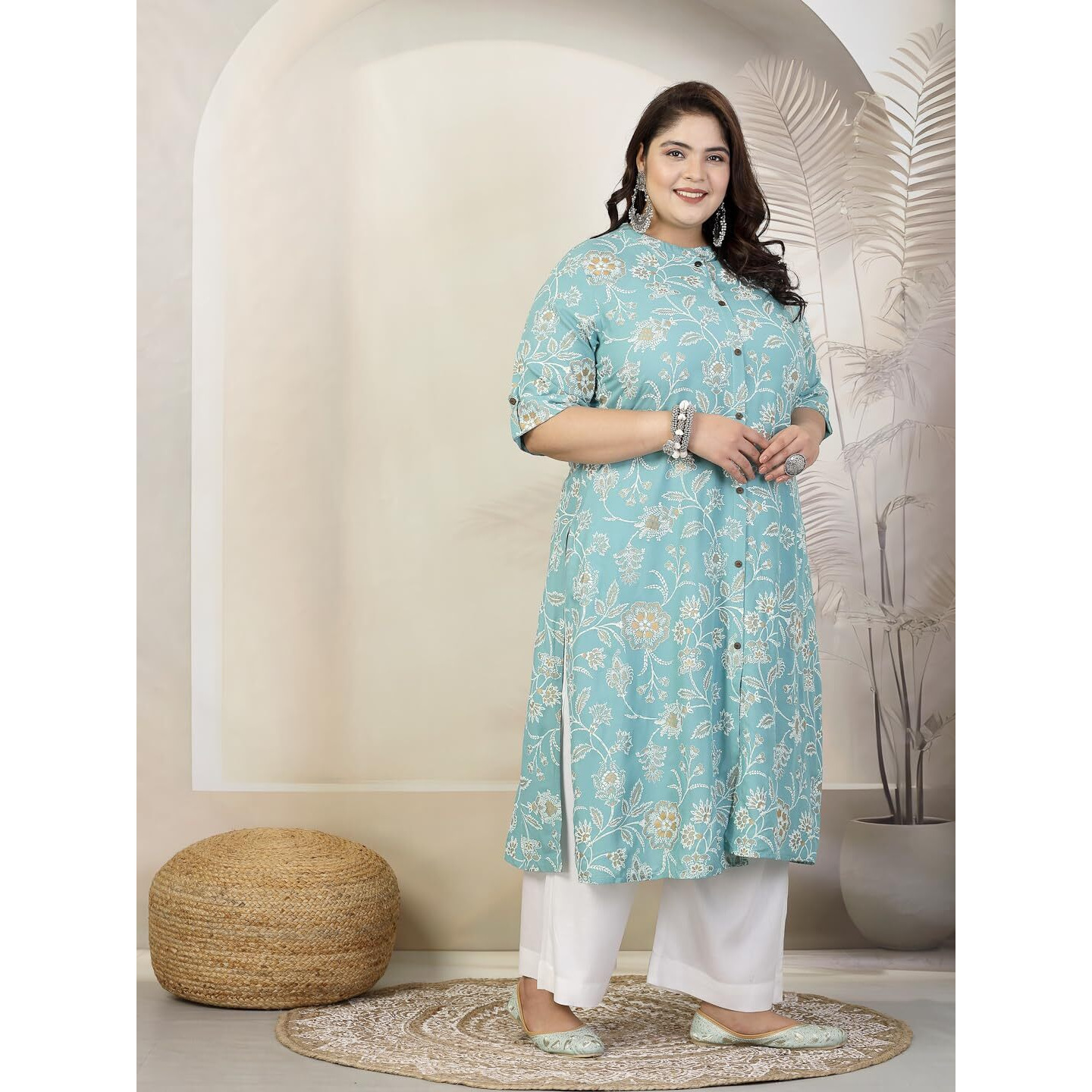 Stylum Plus Size Women Floral Print Rayon A-Line Kurta (Fionaaquaplus50_Aqua, 5Xl)