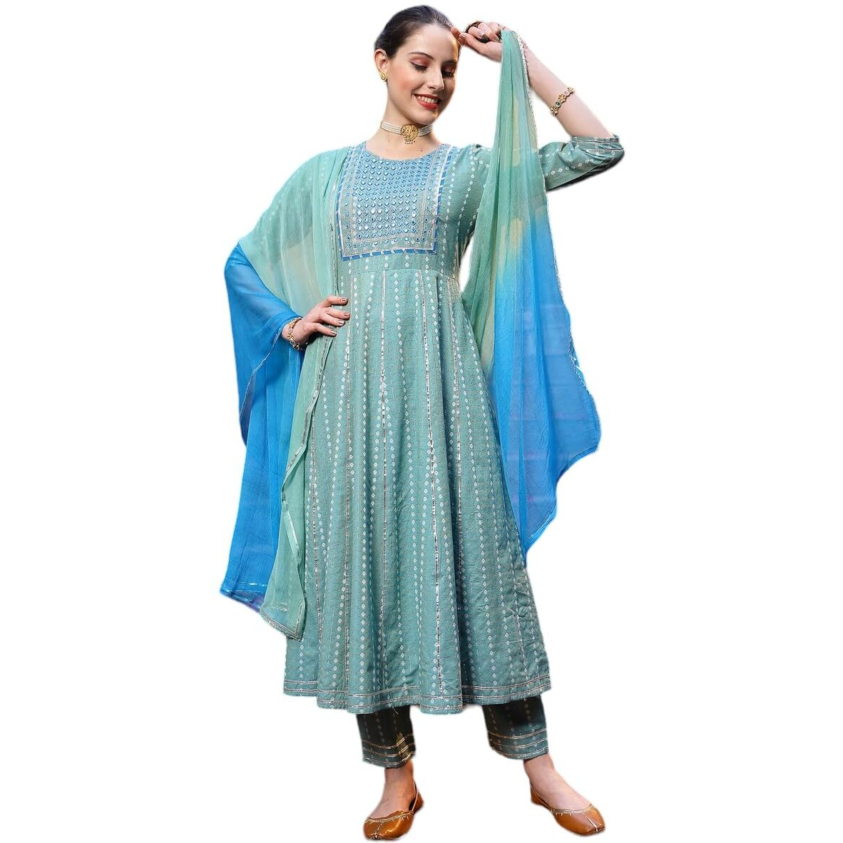 Stylum Women's Woven Designed & Embroidered Cotton Blend Anarkali Kurta Pant Dupatta Set (Kpdturqvisa36_Turquoise, S)