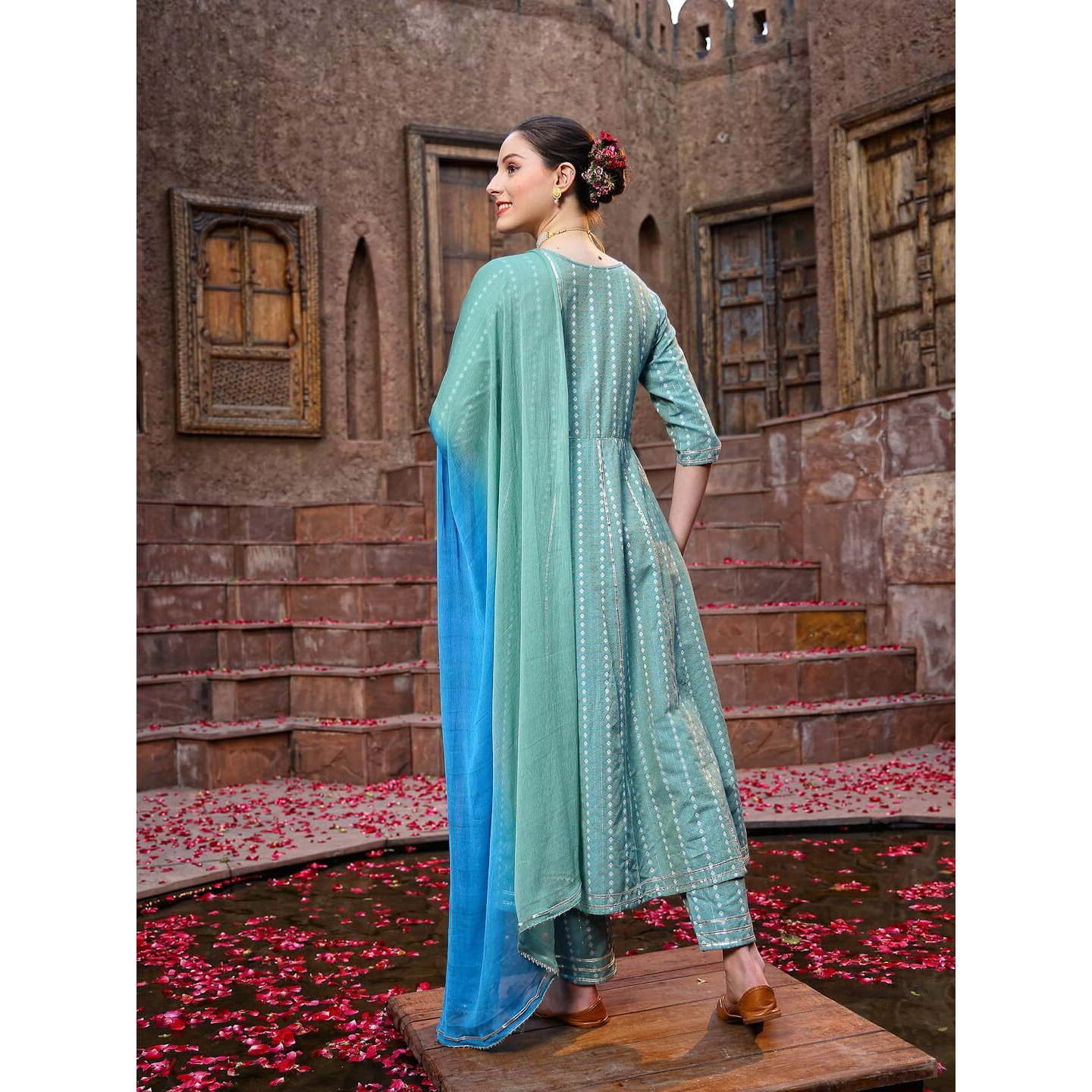 Stylum Women's Woven Designed & Embroidered Cotton Blend Anarkali Kurta Pant Dupatta Set (Kpdturqvisa36_Turquoise, S)