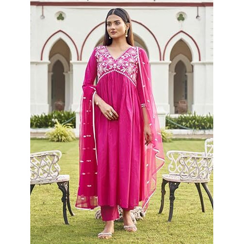Womanista Women's Cotton Embroidered Kurtaset 1156_Fuchsia