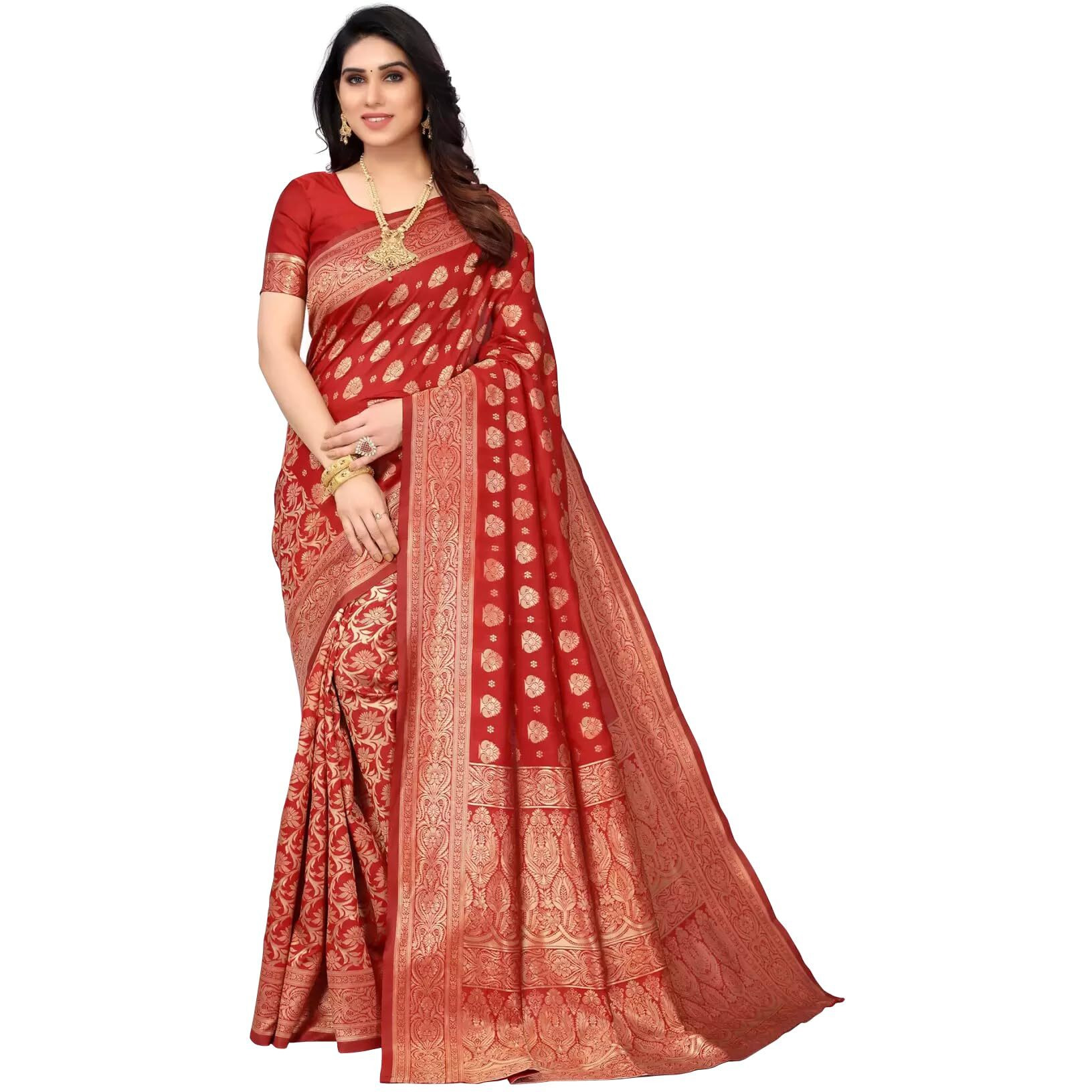 Sugathari Women's Banarasi Saree Pure Kanjivaram Silk Saree Soft New Ladies 2023 Design Wear Pattu Sarees Latest Cotton Party Sari Collections With Blouse Piece For Wedding Sadi (Pari 161 Red)